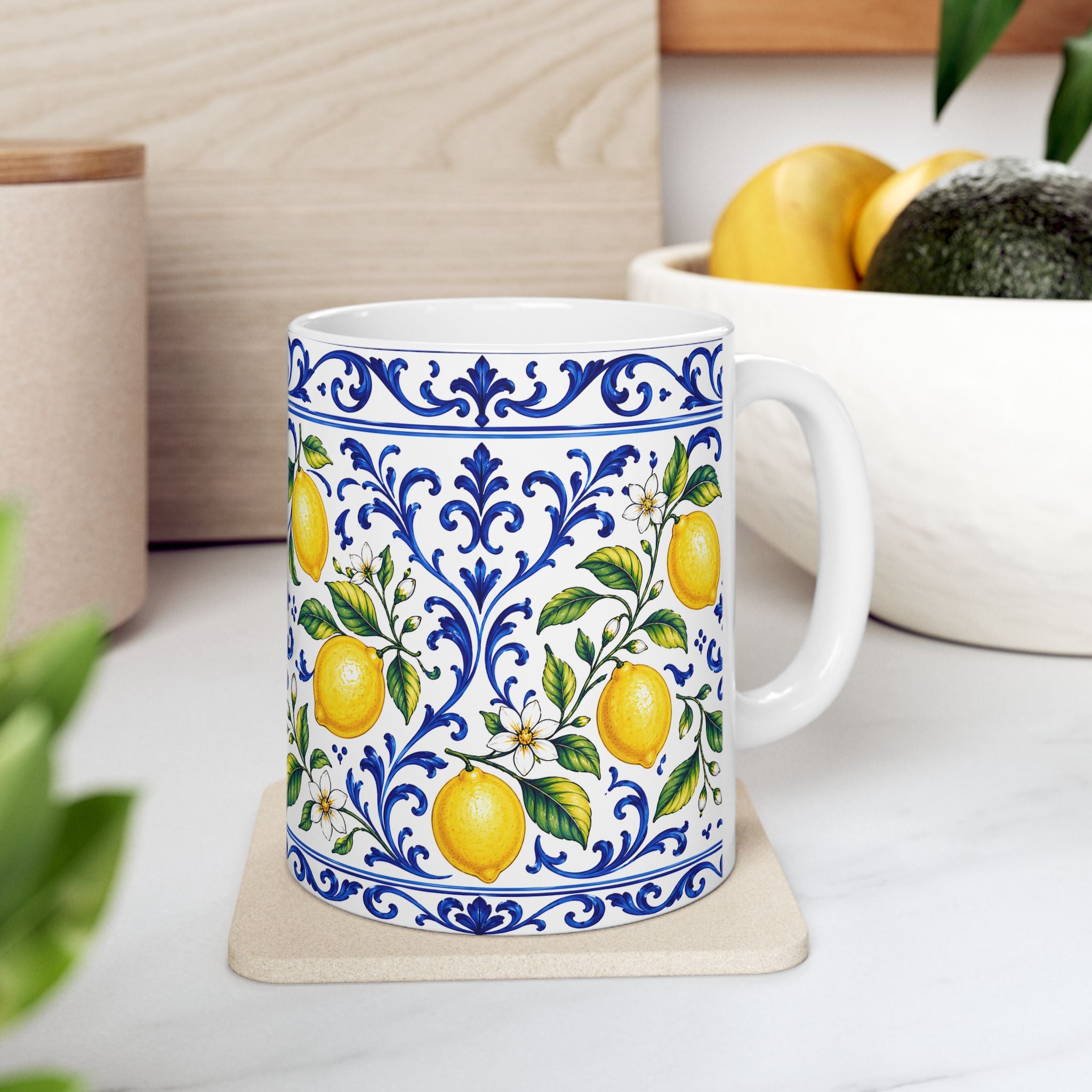 Little Italy Amalfi Blue and White with Lemon Mug — Italian Mediterranean Pattern Coffee Cup (11oz)