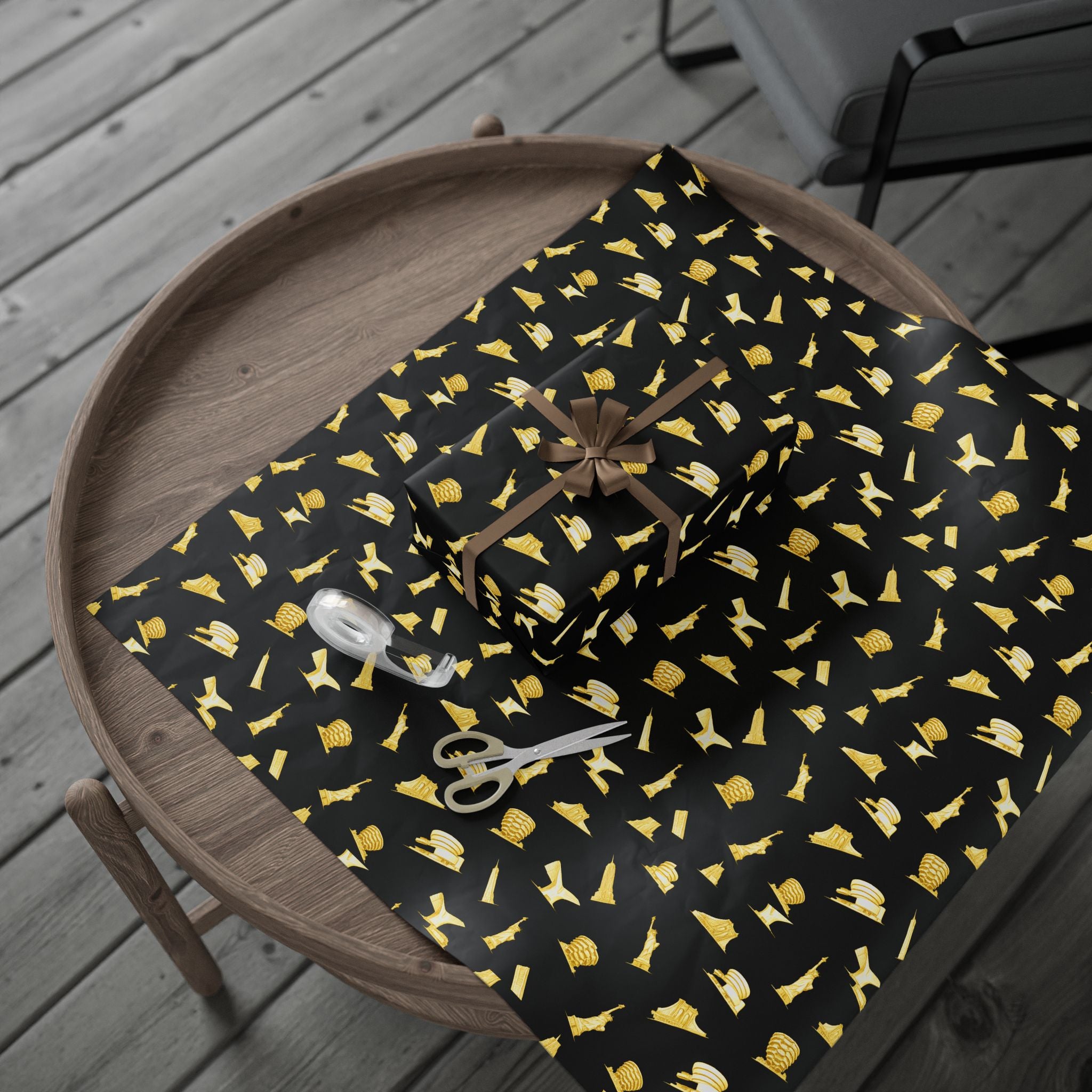 Gold NYC Landmarks on Black Gift Wrap Paper | New York Statue of Liberty Oculus Vessel Brooklyn Bridge Guggenheim Wrapping Paper Roll