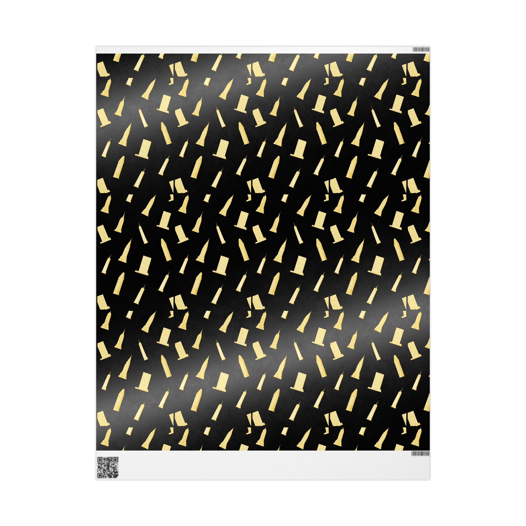 NYC Architecture Gold on Black Pattern Gift Wrap Paper | Iconic New York Buildings Empire State Chrysler Flatiron Wrapping Paper
