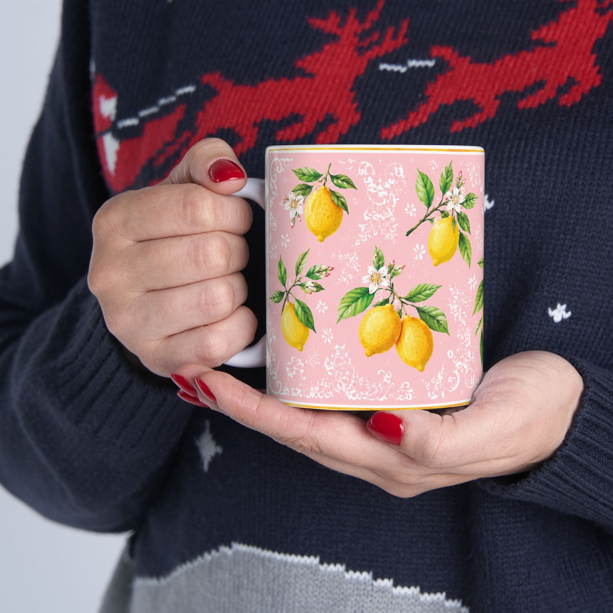 Little Italy Amalfi Pink with Lemon Mug 2 — Italian Mediterranean Pattern Coffee Cup (11oz)