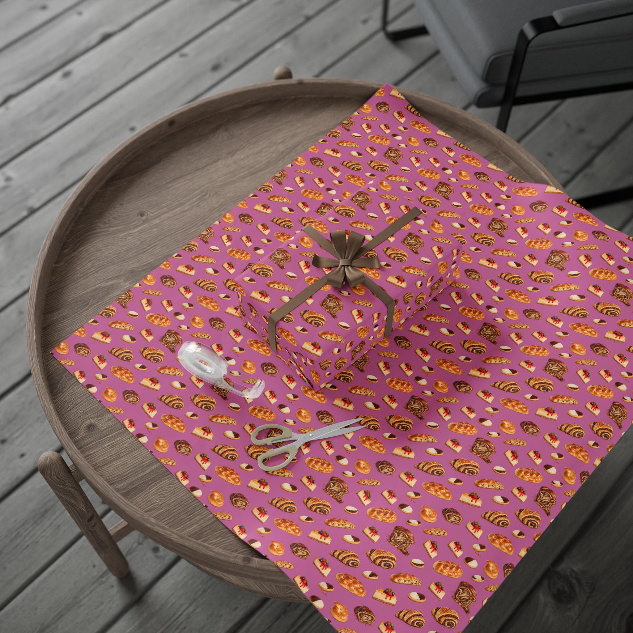 Kosher Bakery Pastries Pattern Pink Gift Wrap Paper | Bagels Challah Cheesecake Roll Gift Wrapping Paper