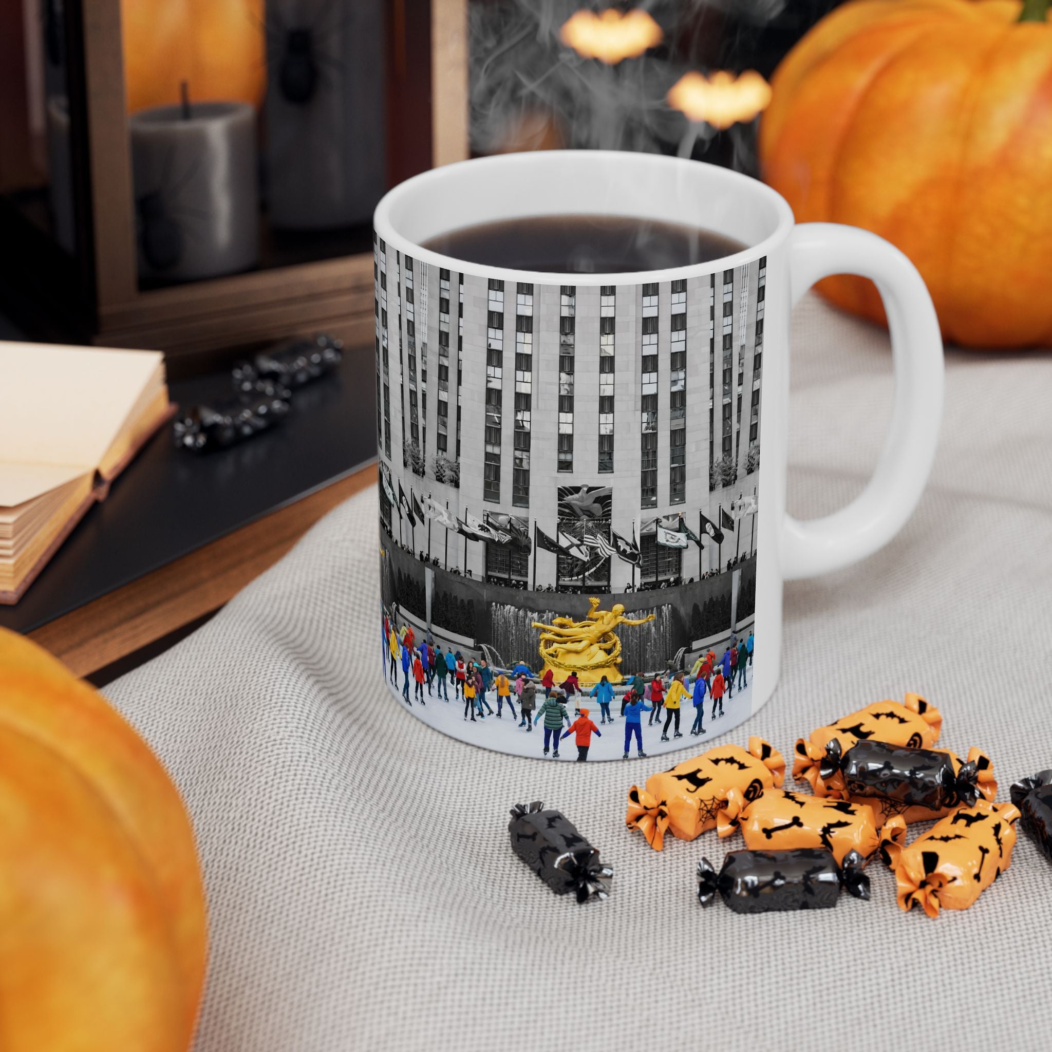 Rockefeller Center Ice Skating Scene Mug | NYC Gold Prometheus Ceramic Coffee Cup
