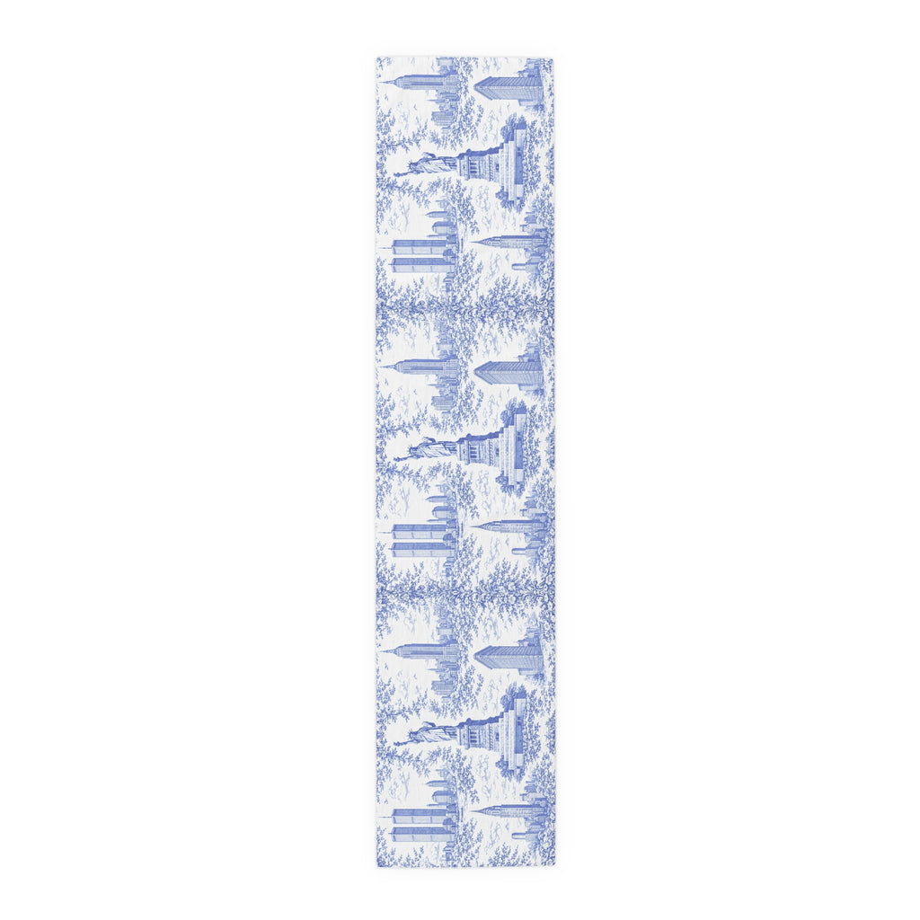 Chemin de table Toile de Jouy bleue Paysage urbain de New York — Décoration de table panoramique NYC Chinoiserie Skyline