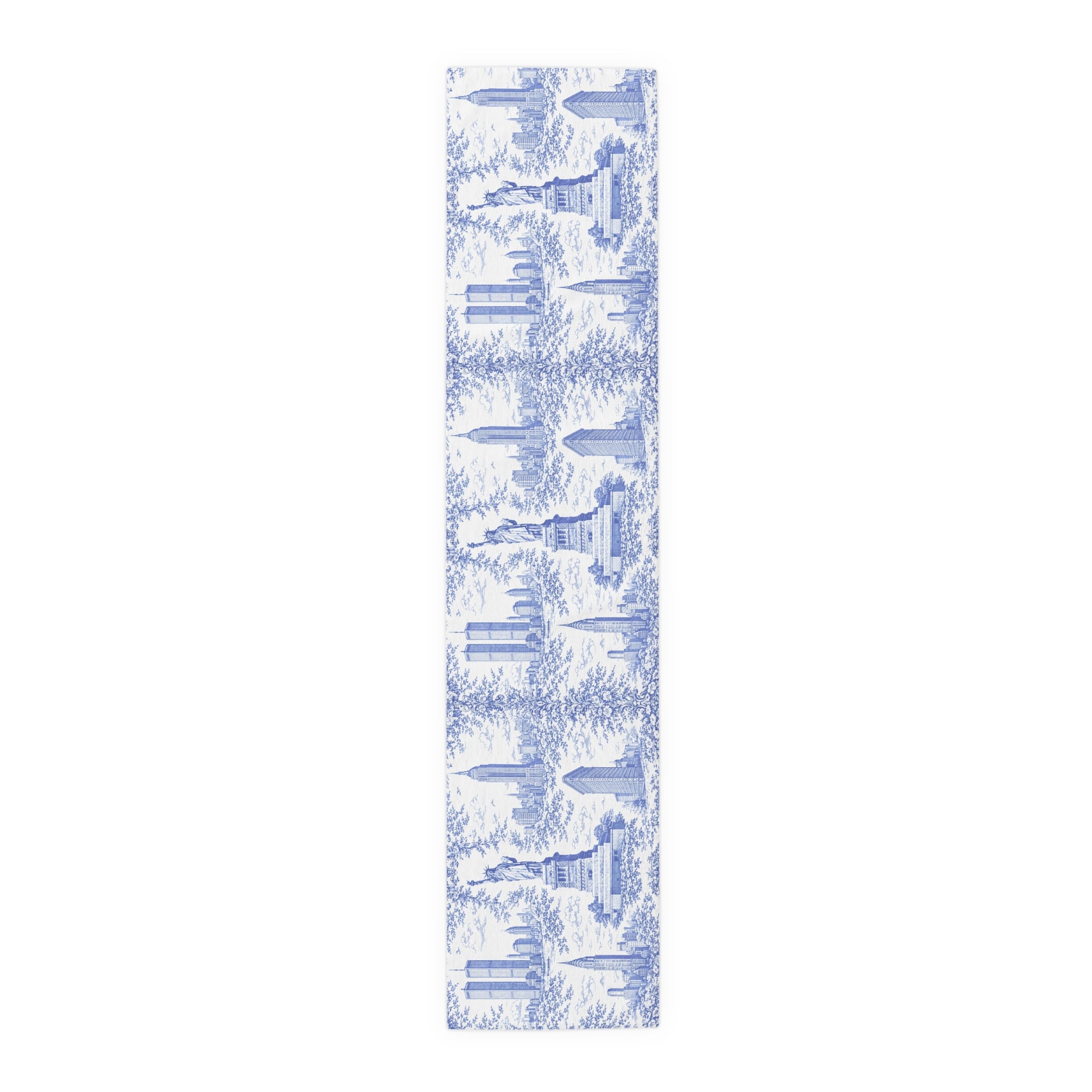 Chemin de table Toile de Jouy bleue Paysage urbain de New York — Décoration de table panoramique NYC Chinoiserie Skyline