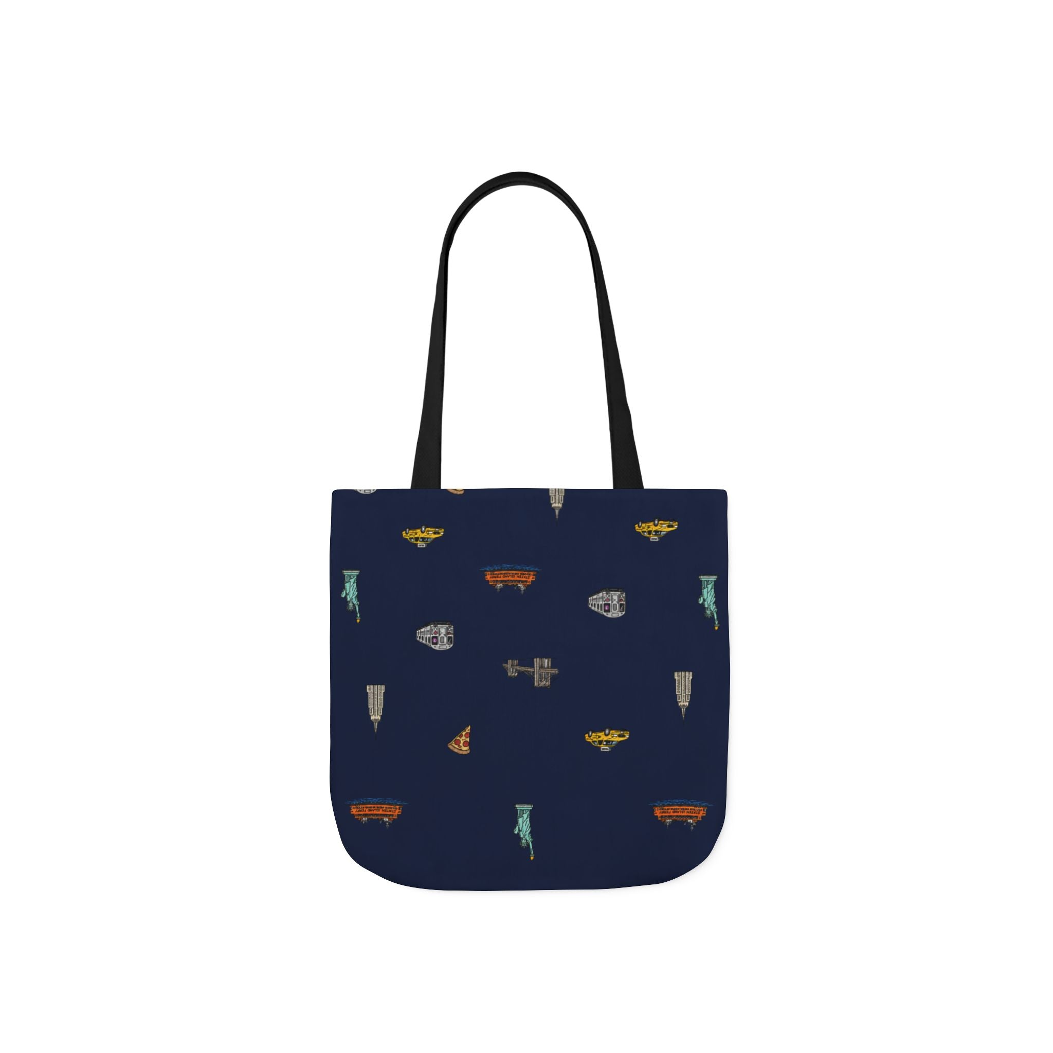 Icons of New York City Blue Canvas Tote — Statue of Liberty, Pizza & Taxi Pattern