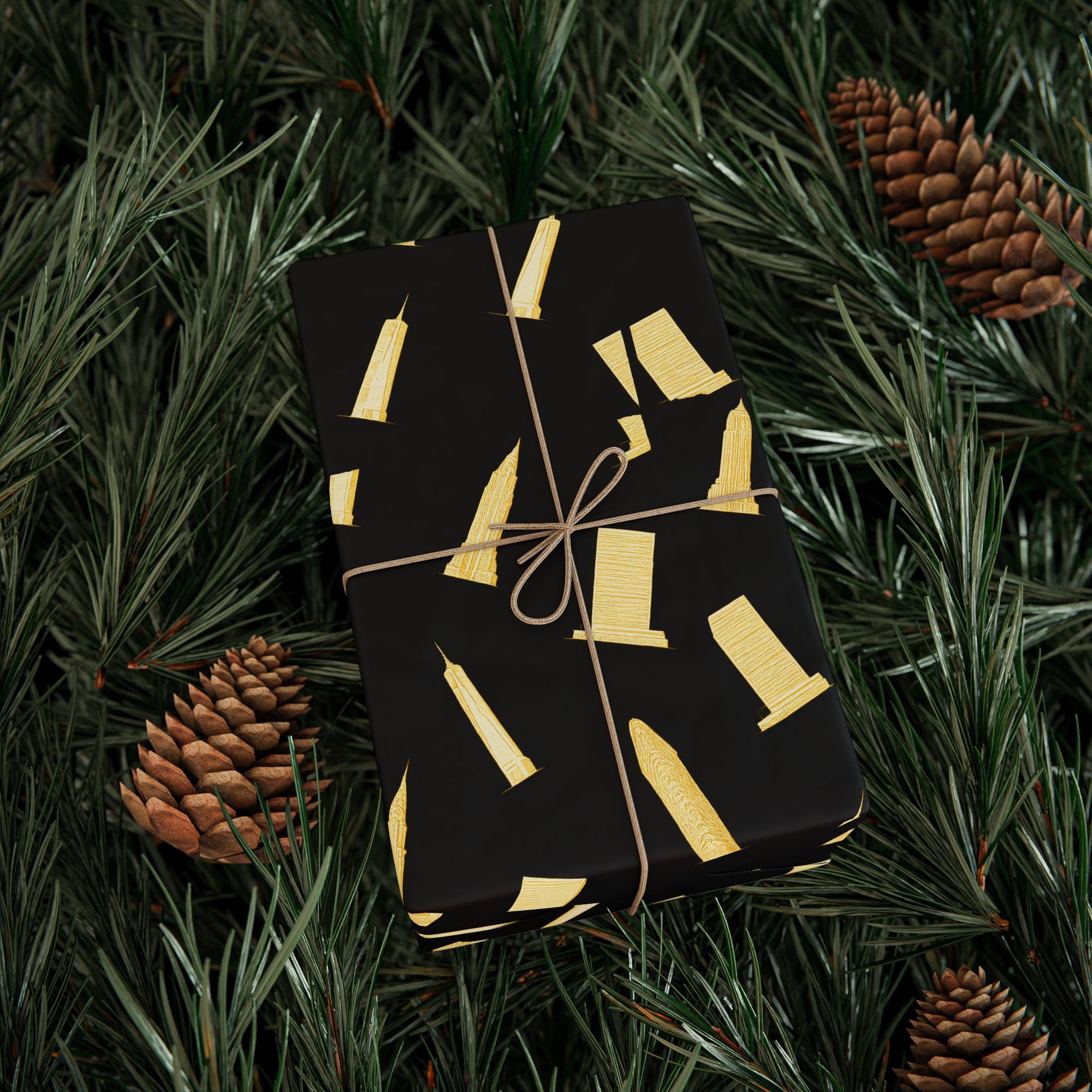 NYC Architecture Gold on Black Pattern Gift Wrap Paper | Iconic New York Buildings Empire State Chrysler Flatiron Wrapping Paper