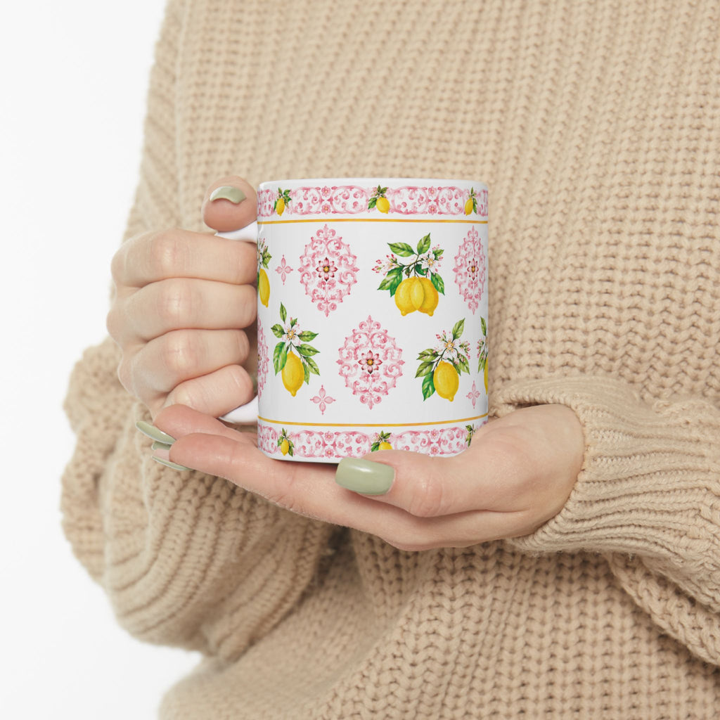 Little Italy Amalfi Pink with Lemon 3 Mug — Italian Mediterranean Pattern Coffee Cup (11oz)