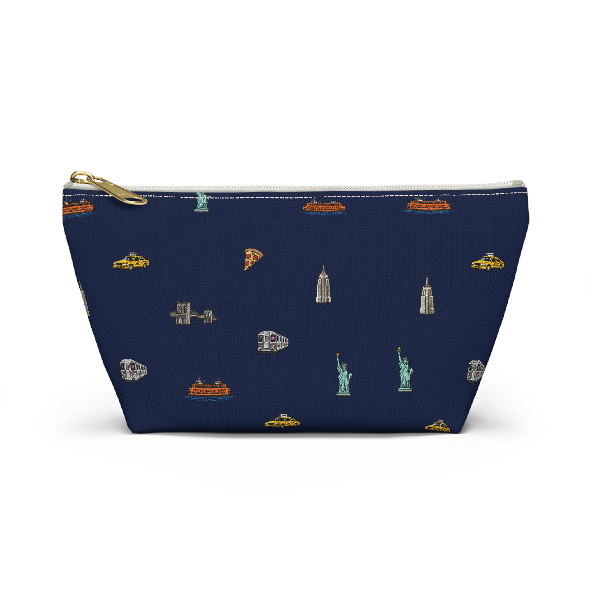 Icons of New York City Navy Blue Accessory Pouch — T-Bottom Makeup Bag with Statue of Liberty, Taxi & Pizza Pattern