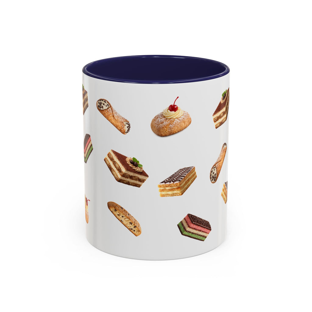 NYC Italian Bakery Pattern Accent Mug | Cannoli Rainbow Cookie Zeppoli Tiramisu Biscotti Napoleon 11oz Ceramic Coffee Cup