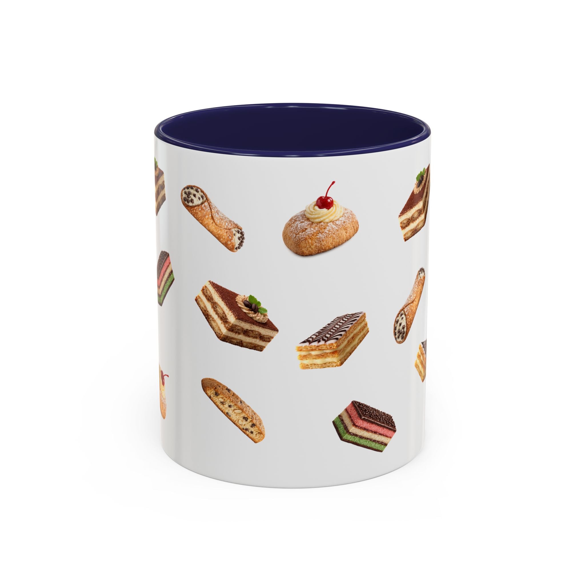 NYC Italian Bakery Pattern Accent Mug | Cannoli Rainbow Cookie Zeppoli Tiramisu Biscotti Napoleon 11oz Ceramic Coffee Cup
