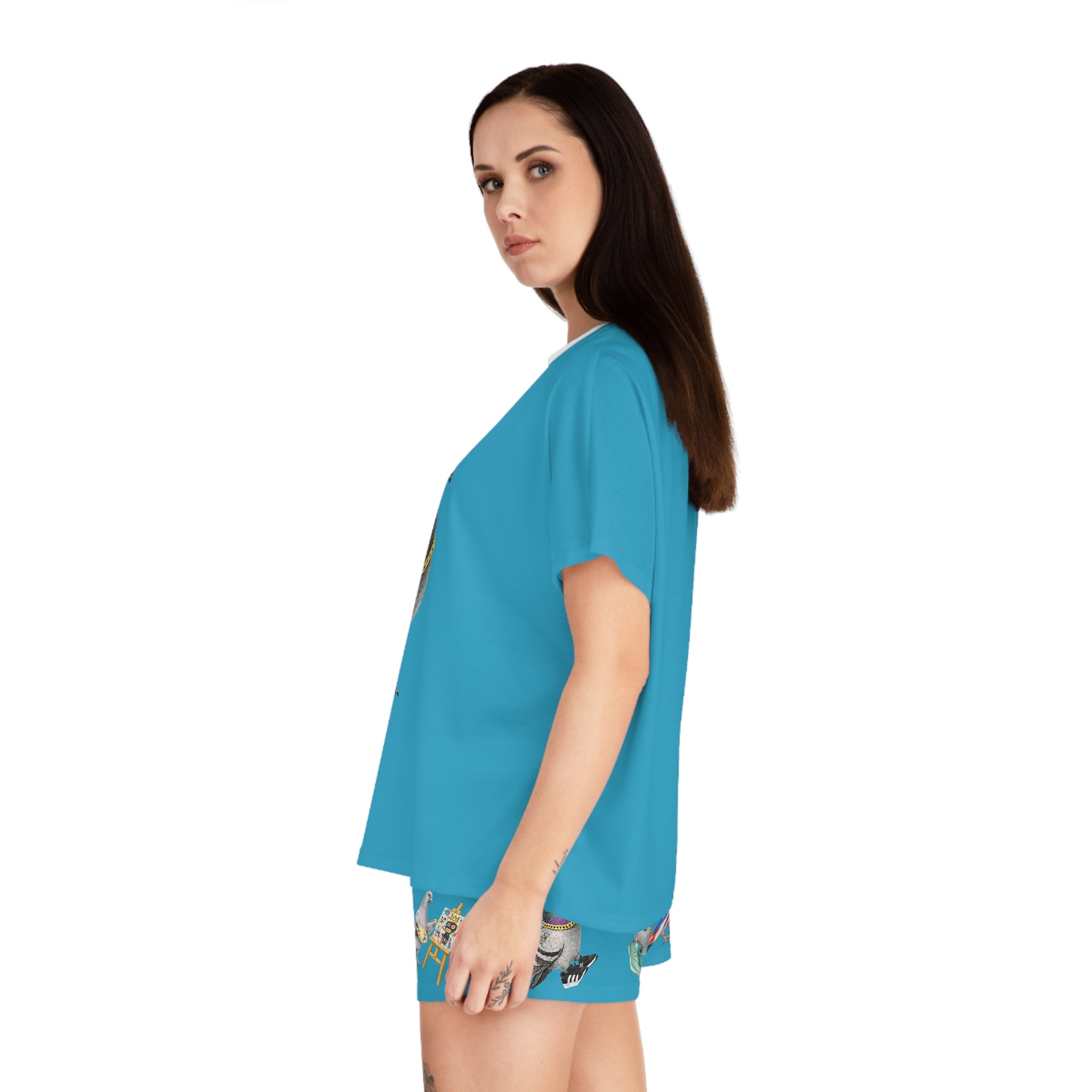 Blue NYC Pigeon Pattern Short Pajama Set | New York City Bird Lovers PJs Cozy Sleepwear