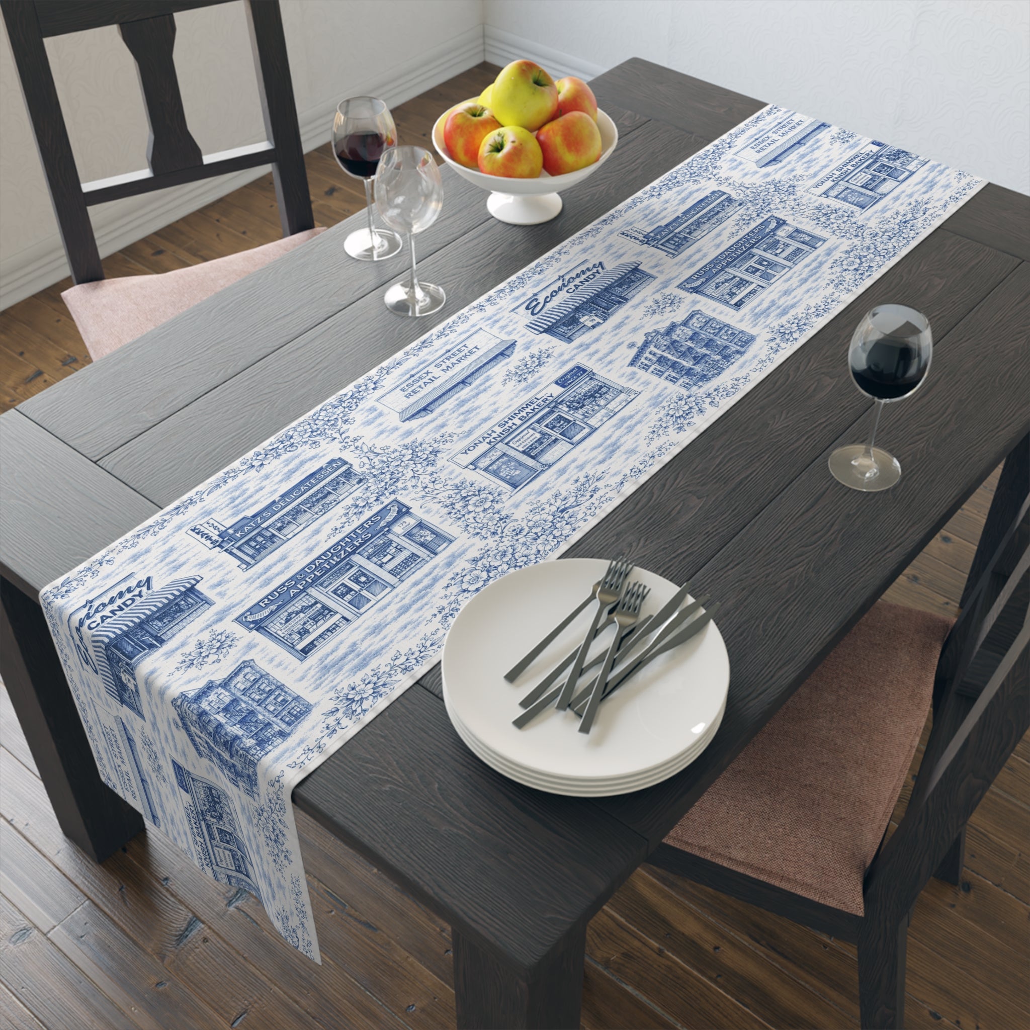 Blue Toile de Jouy Lower East Side Table Runner —  NYC Chinoiserie Dining Table Decor