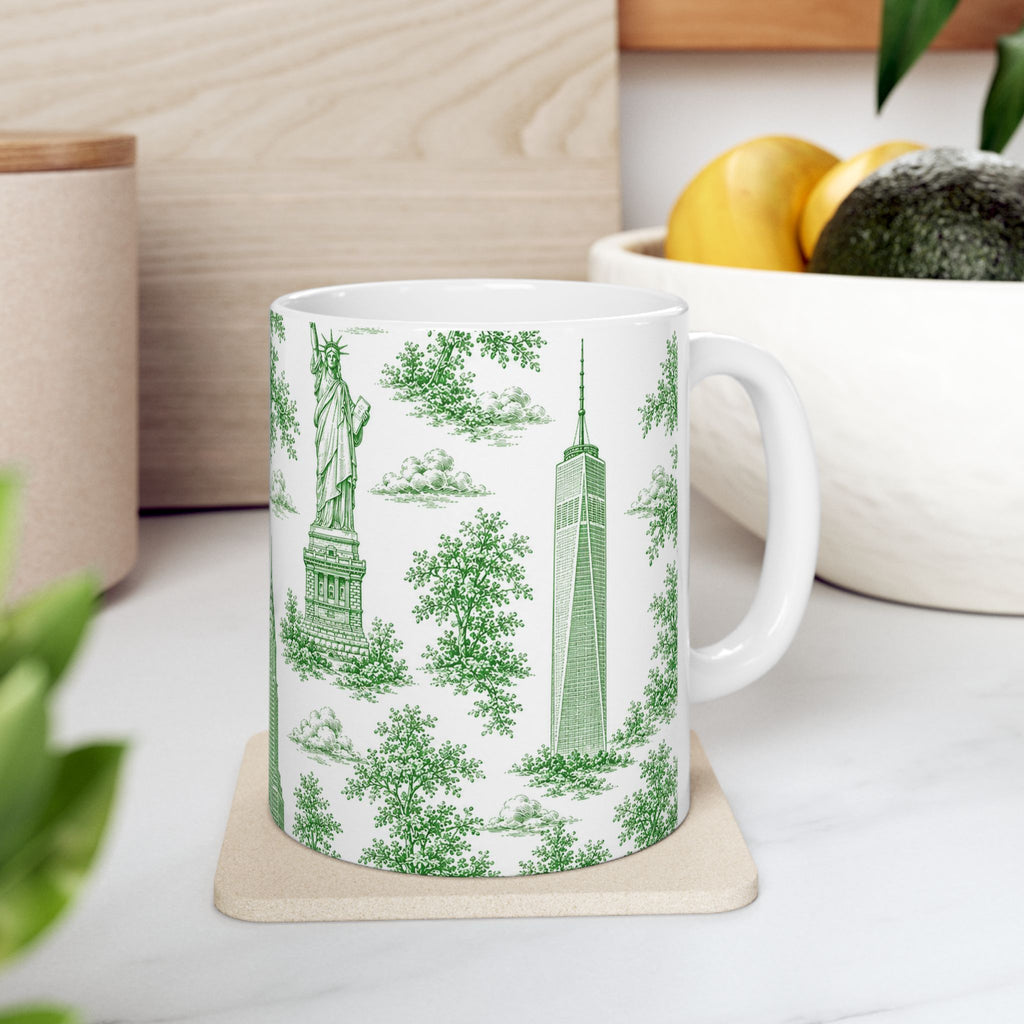 Manhattan Green Toile de Jouy mug | New York City Chinoiserie Ceramic Mug