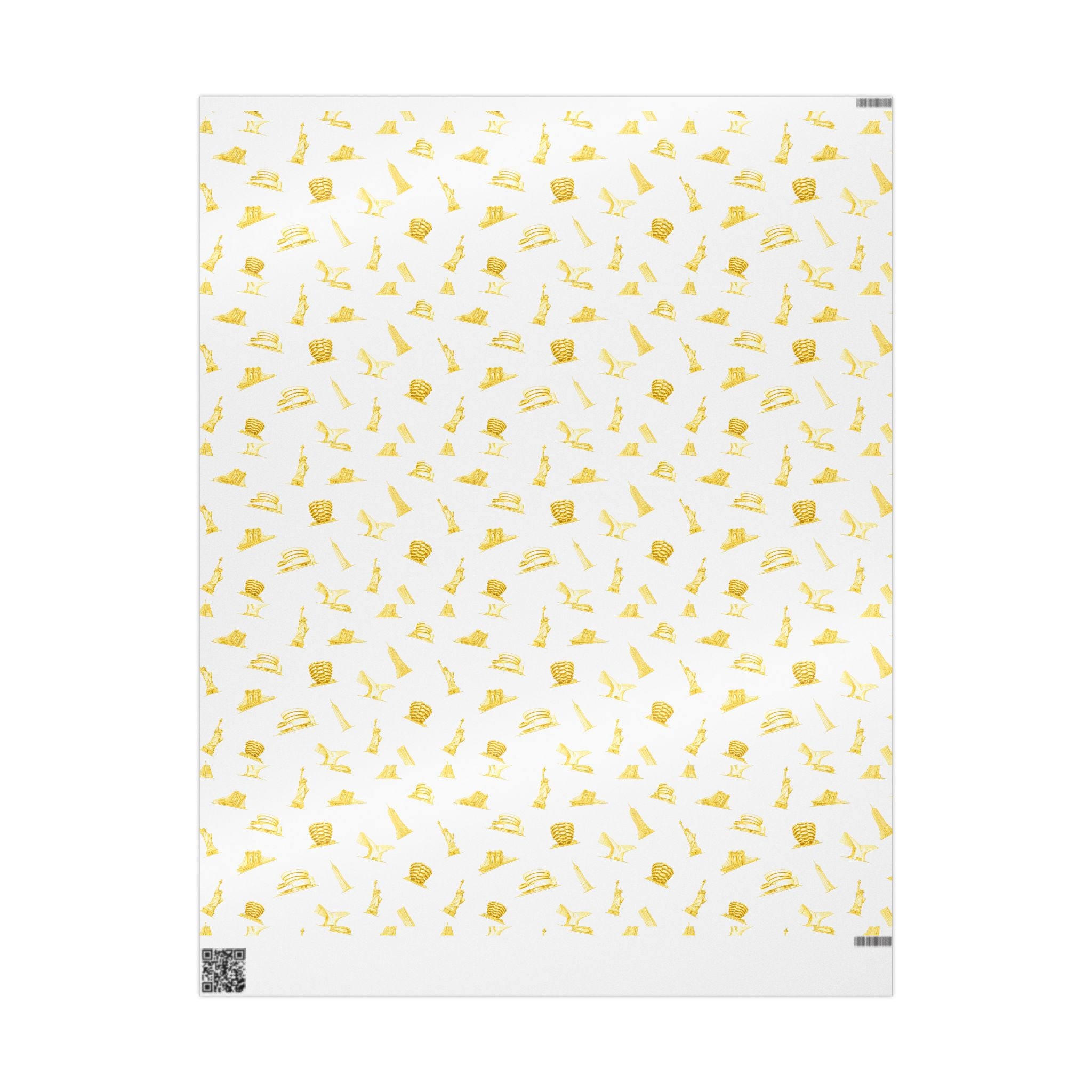 Gold NYC Landmarks on White Gift Wrap Paper | New York Statue of Liberty Oculus Vessel Brooklyn Bridge Guggenheim Wrapping Paper Roll