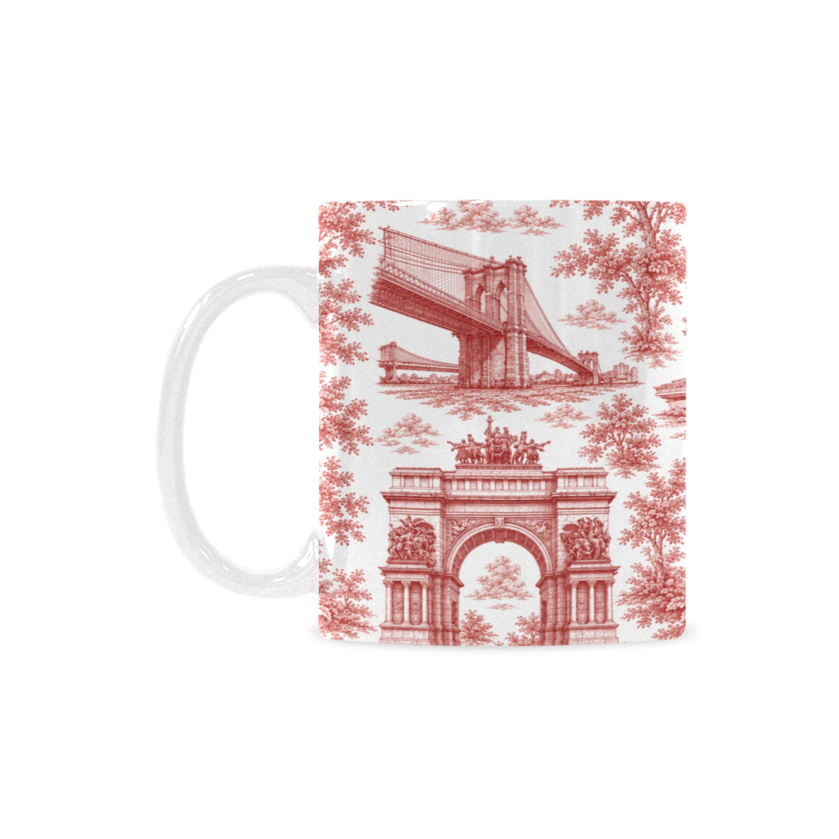 Brooklyn Red Toile de Jouy Mug | New York City Chinoiserie Ceramic Coffee Cup Custom White Mug (11oz)