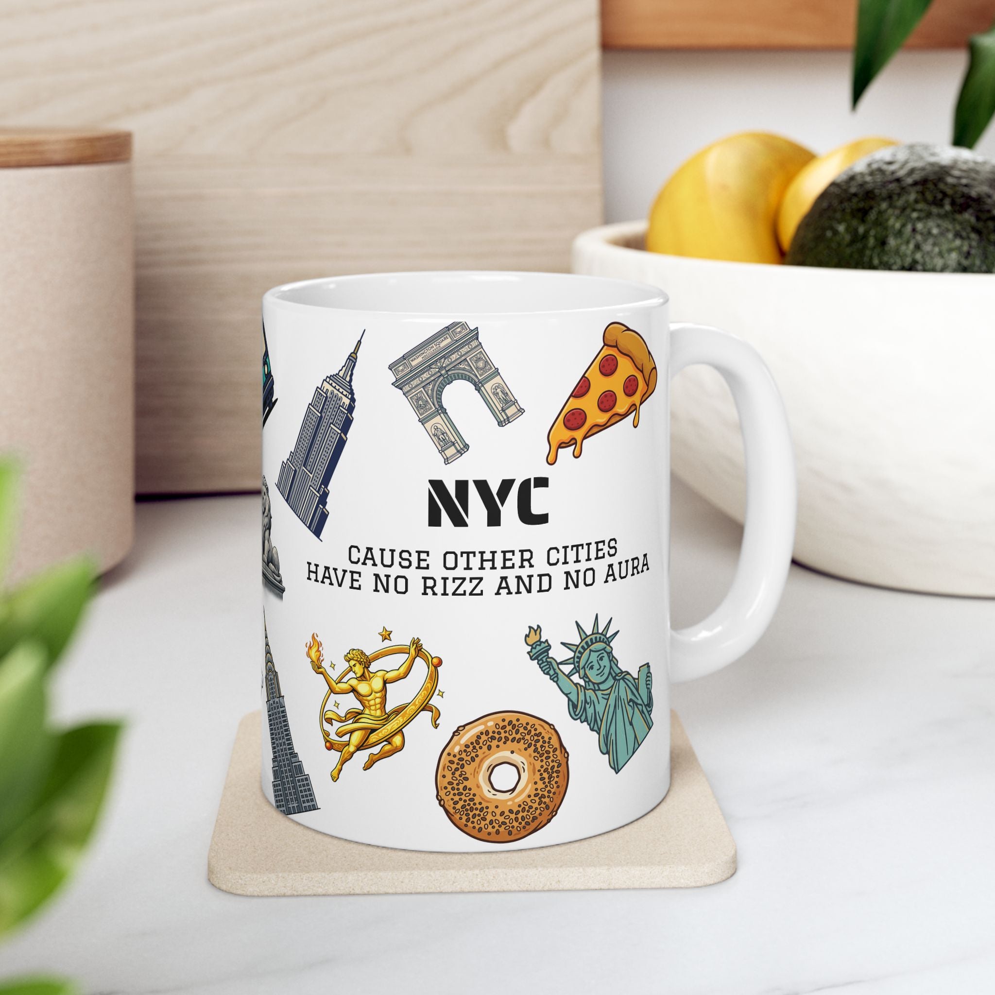NYC Icons Rizz and Aura Mug | New York City Landmark Collage Ceramic Coffee Tea Mug