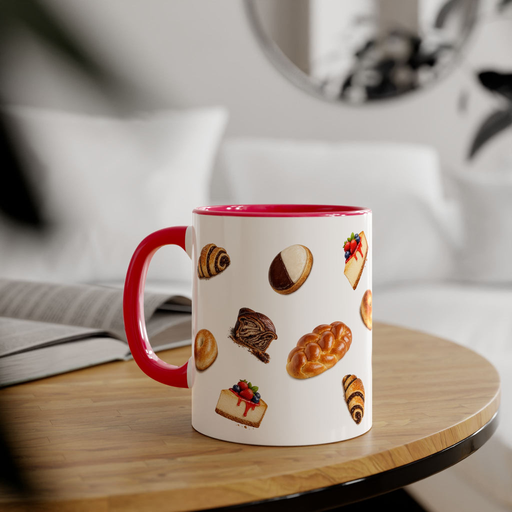 NYC Kosher Bakery Pattern Mug | Babka Cheesecake Rugelach Black + White Cookie Challah Bagel 11oz Ceramic Coffee Cup