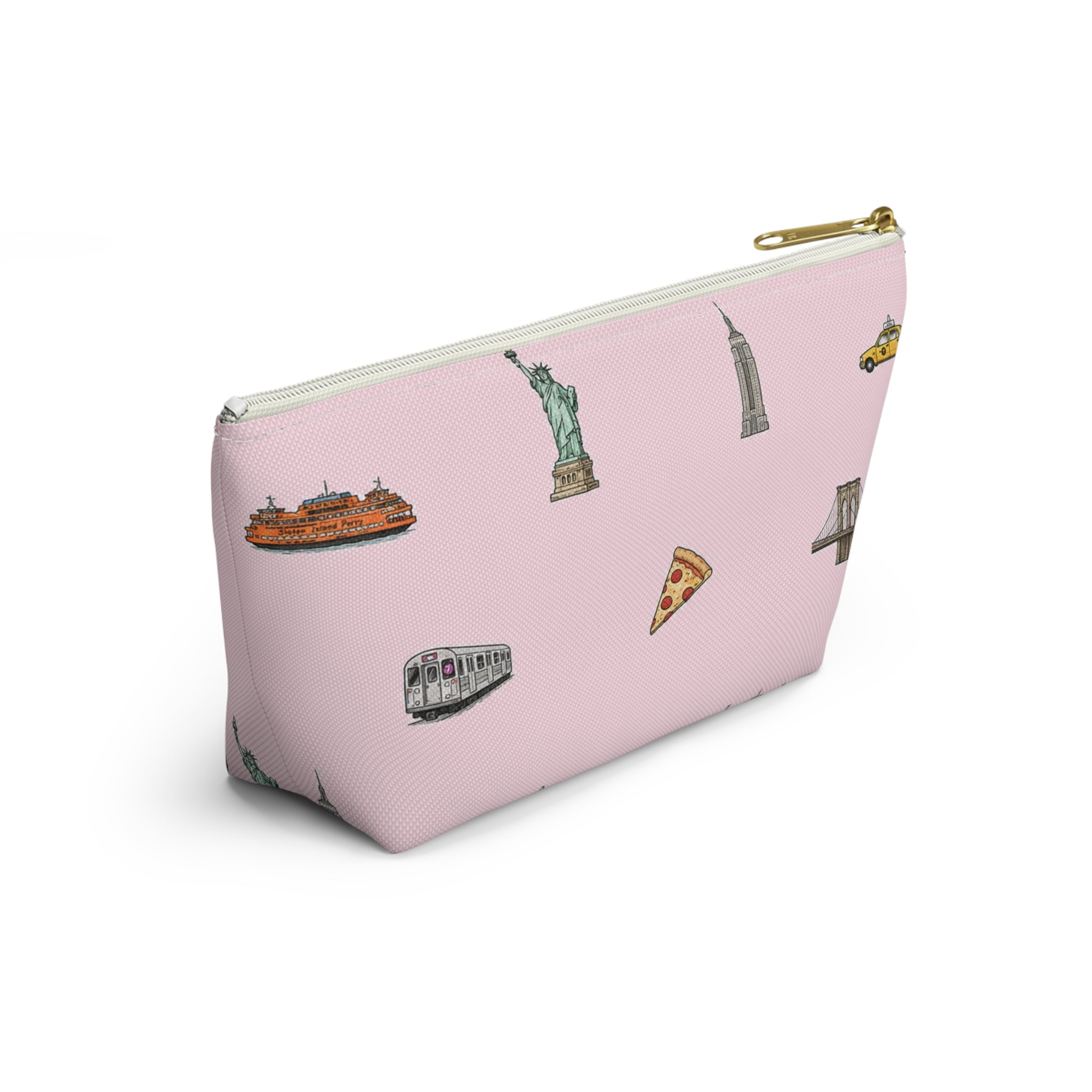 Icons of New York City Pink  Accessory Pouch — T-Bottom Makeup Bag with Statue of Liberty, Taxi & Pizza Pattern