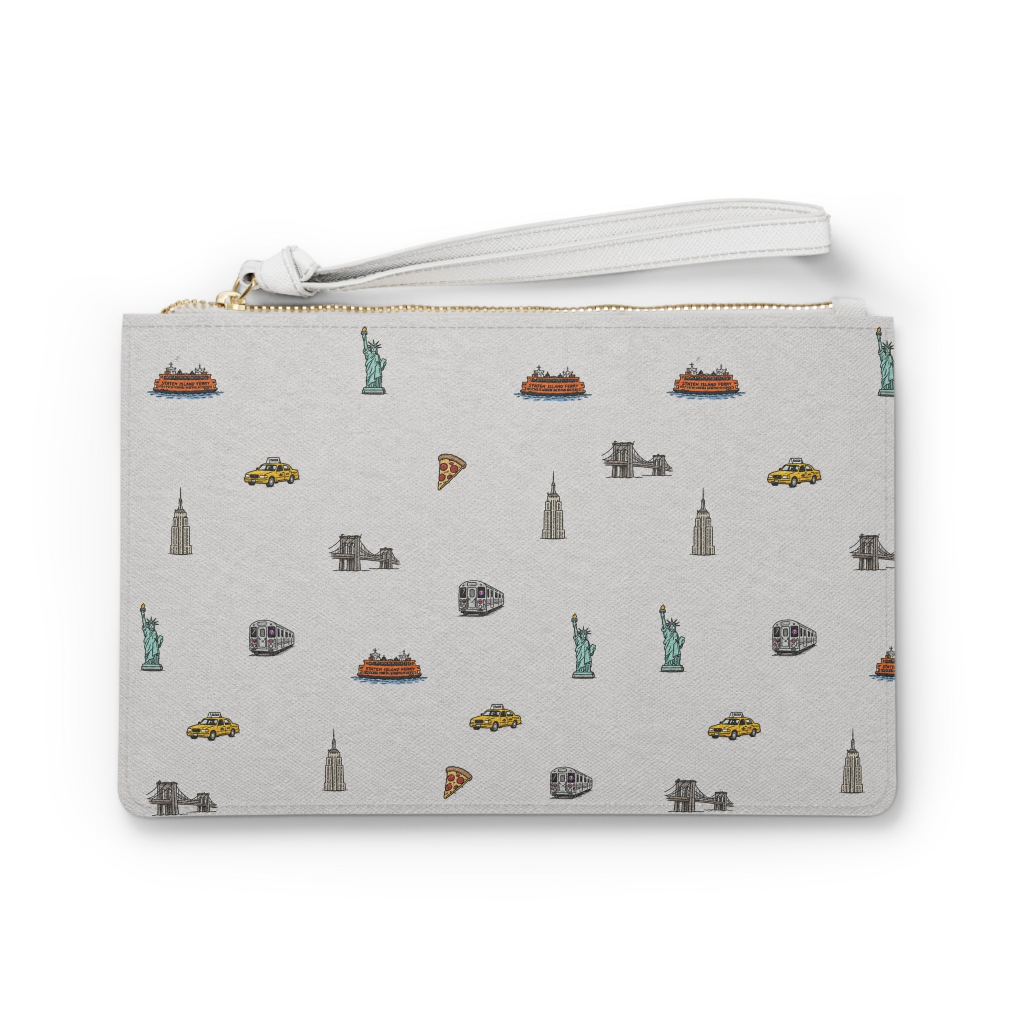 Icons of New York City Heather Gray Clutch — Statue of Liberty, Taxi & Pizza Pattern