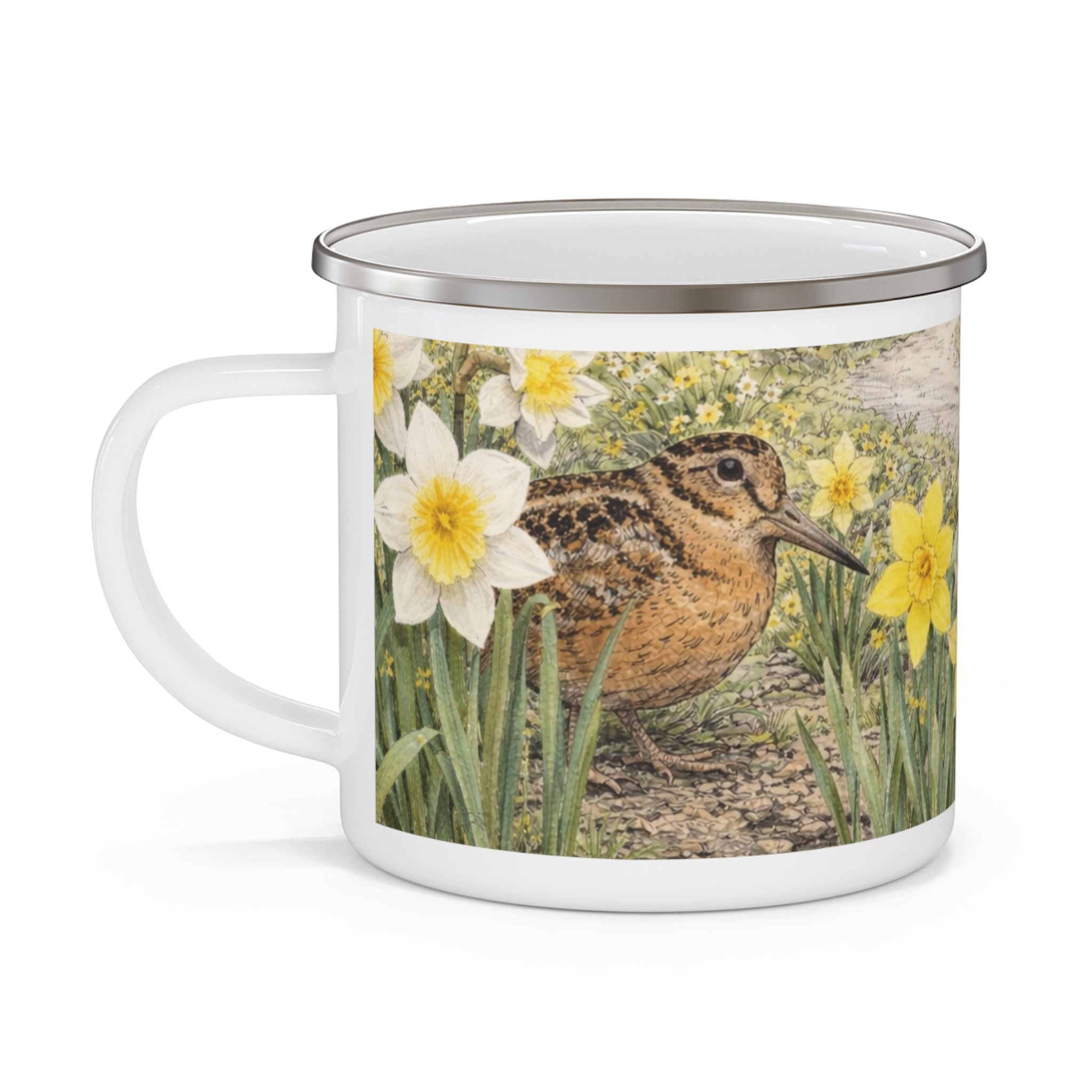 Bryant Park American Woodcock Springtime Enamel Camping Mug — Woodcock Bird Illustration, Rustic Outdoor Campgrounds Coffee Cup