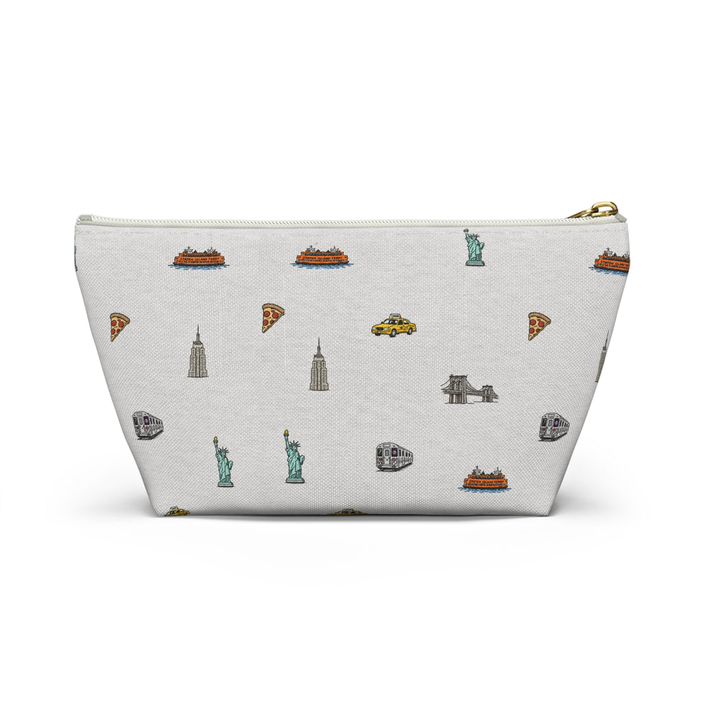 Icons of New York City Heather Gray Accessory Pouch — T-Bottom Makeup Bag with Statue of Liberty, Taxi & Pizza Pattern