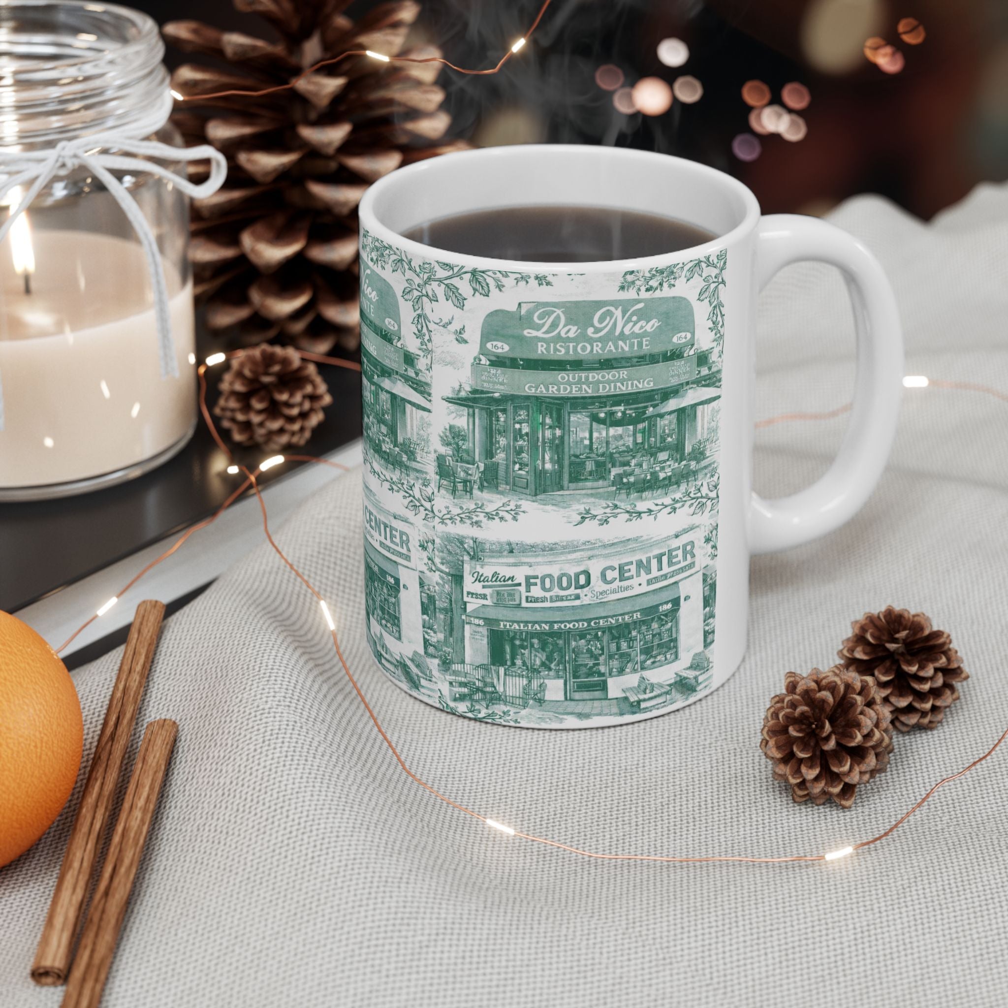 Little Italy Green and White Toile Cityscape Mug | NYC Chinoiserie Ceramic Coffee Cup