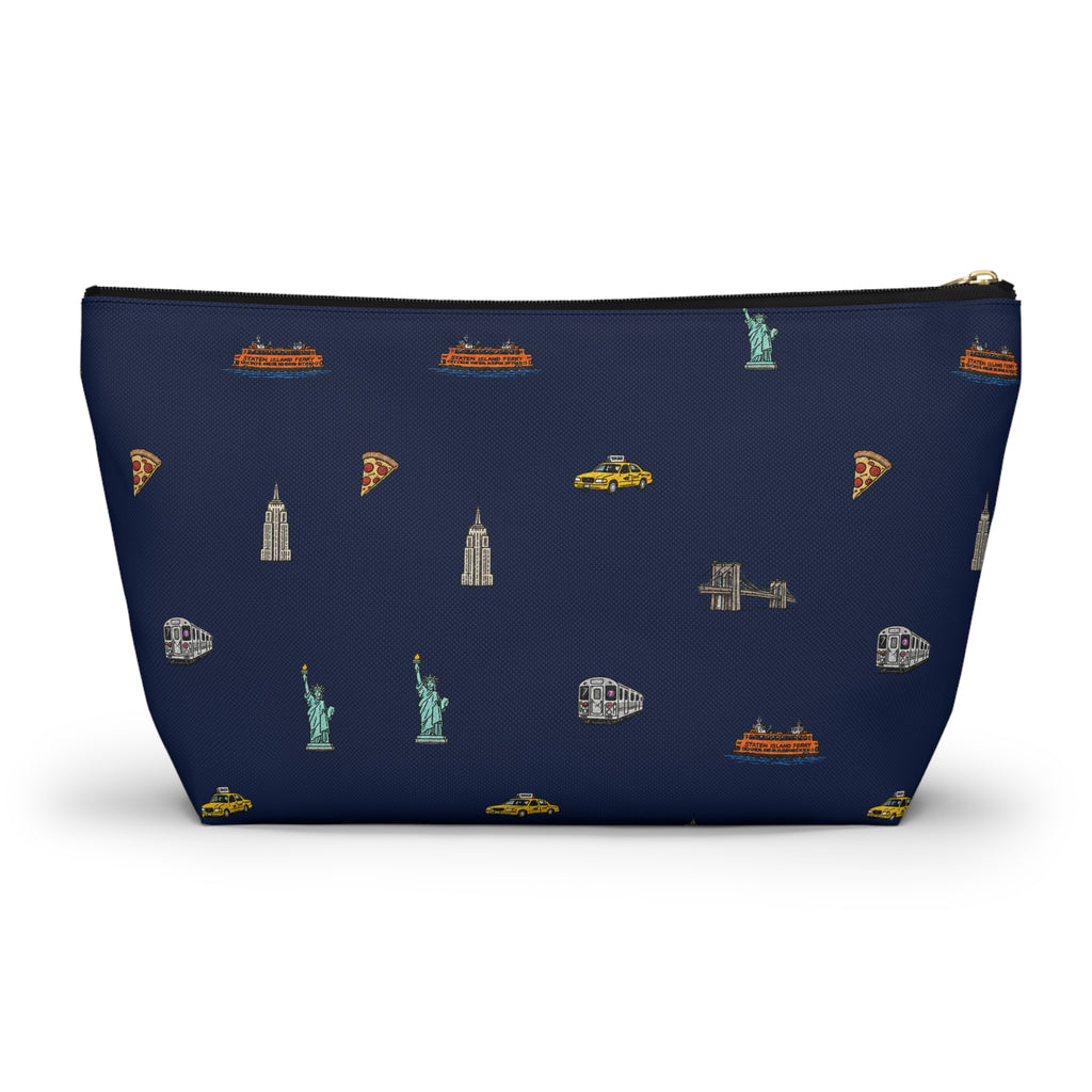 Icons of New York City Large Navy Blue Accessory Pouch — T-Bottom Makeup Bag with Statue of Liberty, Taxi & Pizza Pattern
