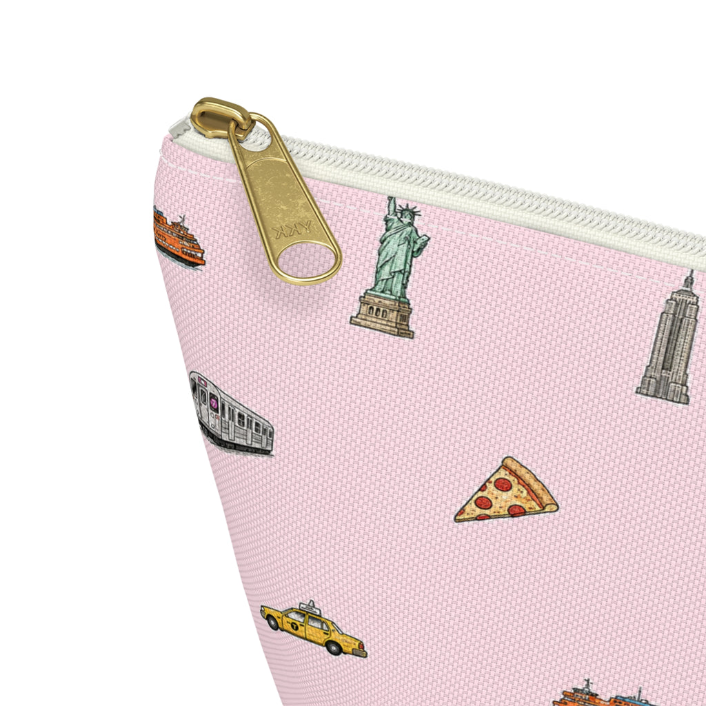 Icons of New York City Pink  Accessory Pouch — T-Bottom Makeup Bag with Statue of Liberty, Taxi & Pizza Pattern