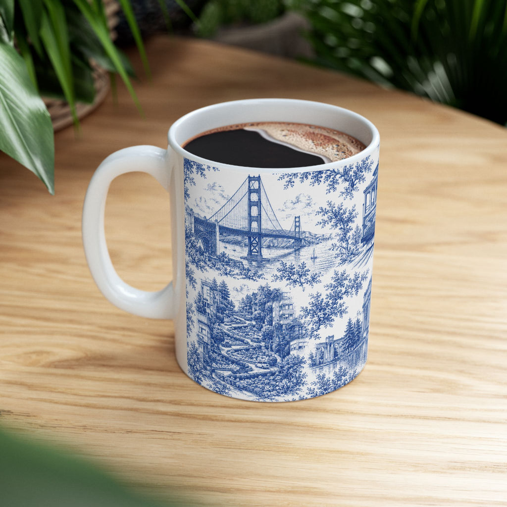 San Francisco Blue Toile de Jouy Ceramic Mug — Vintage Cable Car & Palace of Fine Arts Design (11oz)
