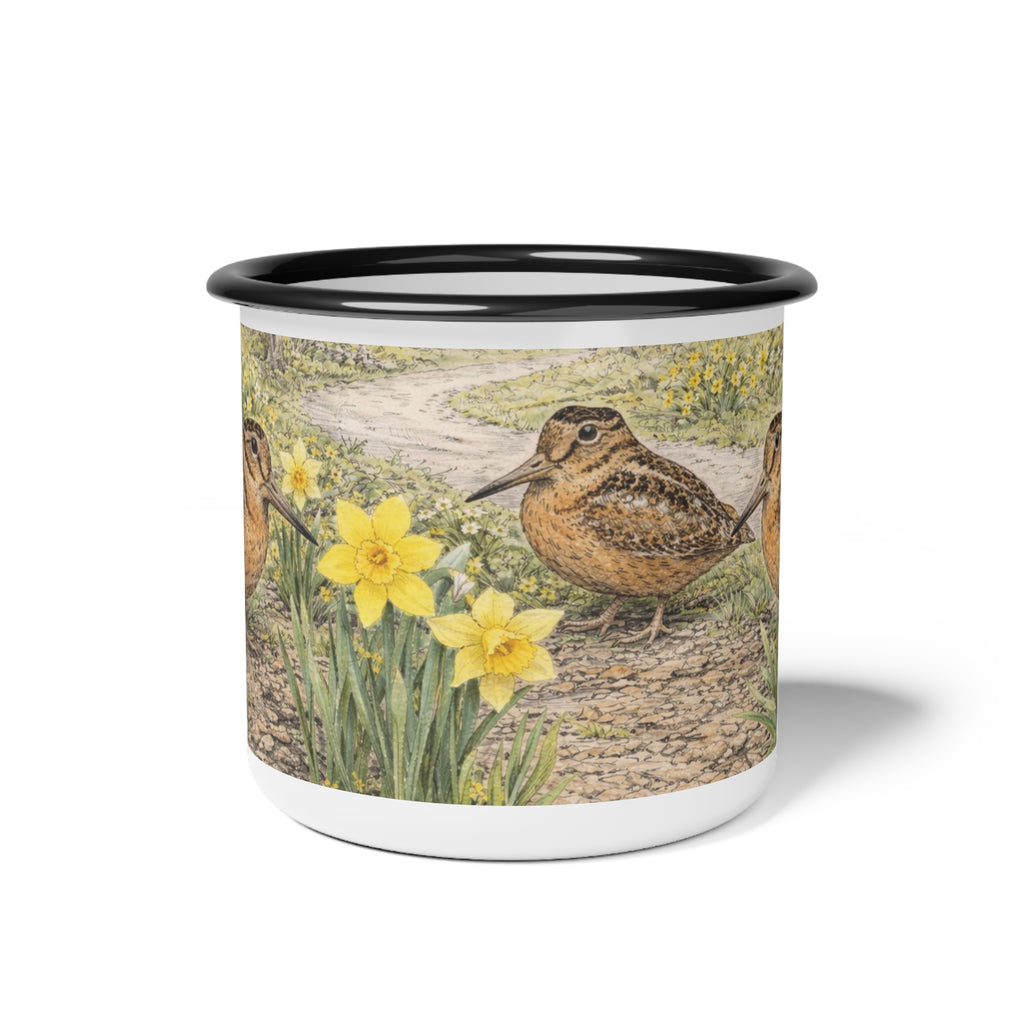 Bryant Park American Woodcock Springtime Enamel Camping Mug — Woodcock Bird Illustration, Rustic Outdoor Campgrounds Coffee Cup