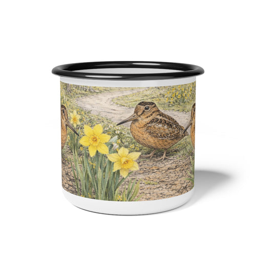 Bryant Park American Woodcock Springtime Enamel Camping Mug — Woodcock Bird Illustration, Rustic Outdoor Campgrounds Coffee Cup