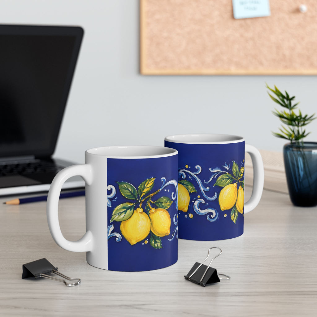 Little Italy Amalfi Blue with Lemon Mug — Italian Mediterranean Pattern Coffee Cup (11oz)
