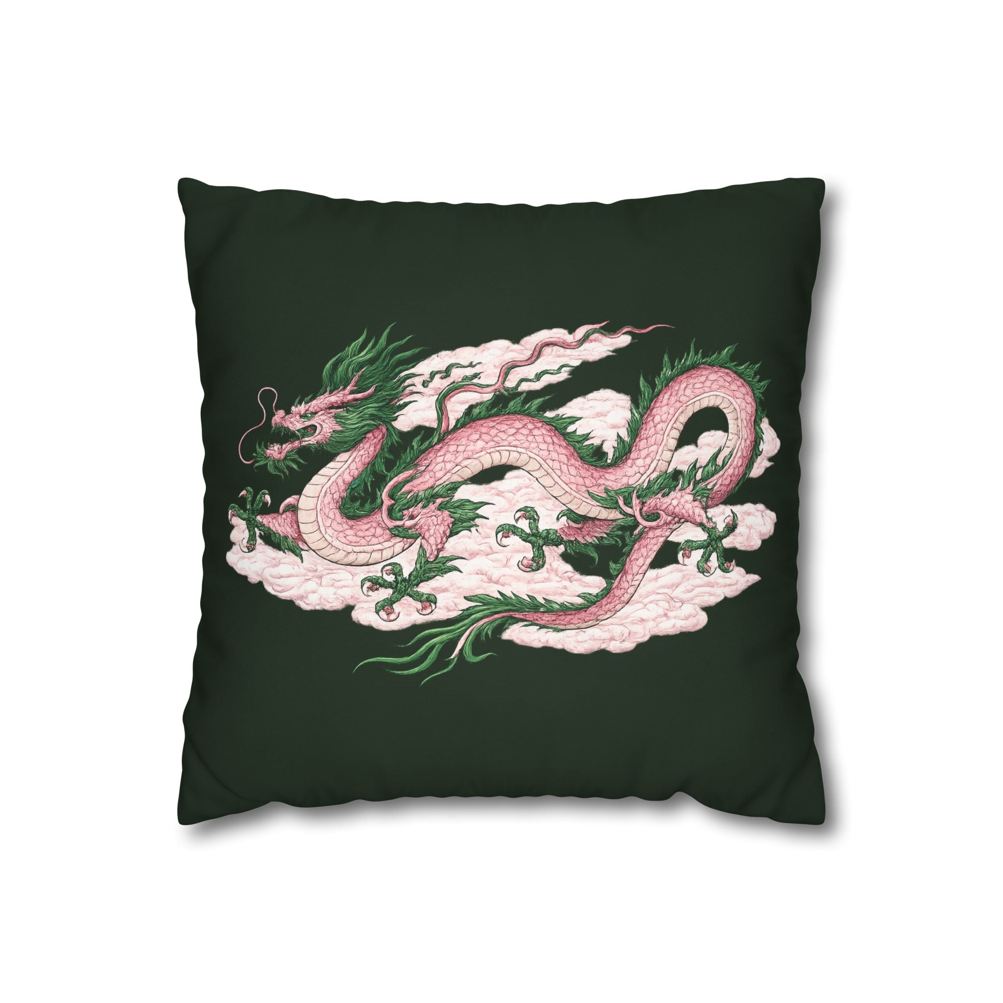 Chinatown Pink Dragon Square 16" x 16" Pillowcase – Dark Green Decorative Throw Pillow Cover (Pillow Not Included)