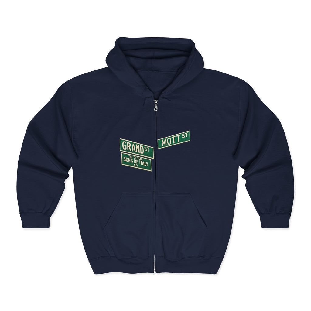Little Italy Street Sign Zip up Hoodie | New York City Grand and Mott Sons of Italy Hooded Sweatshirt