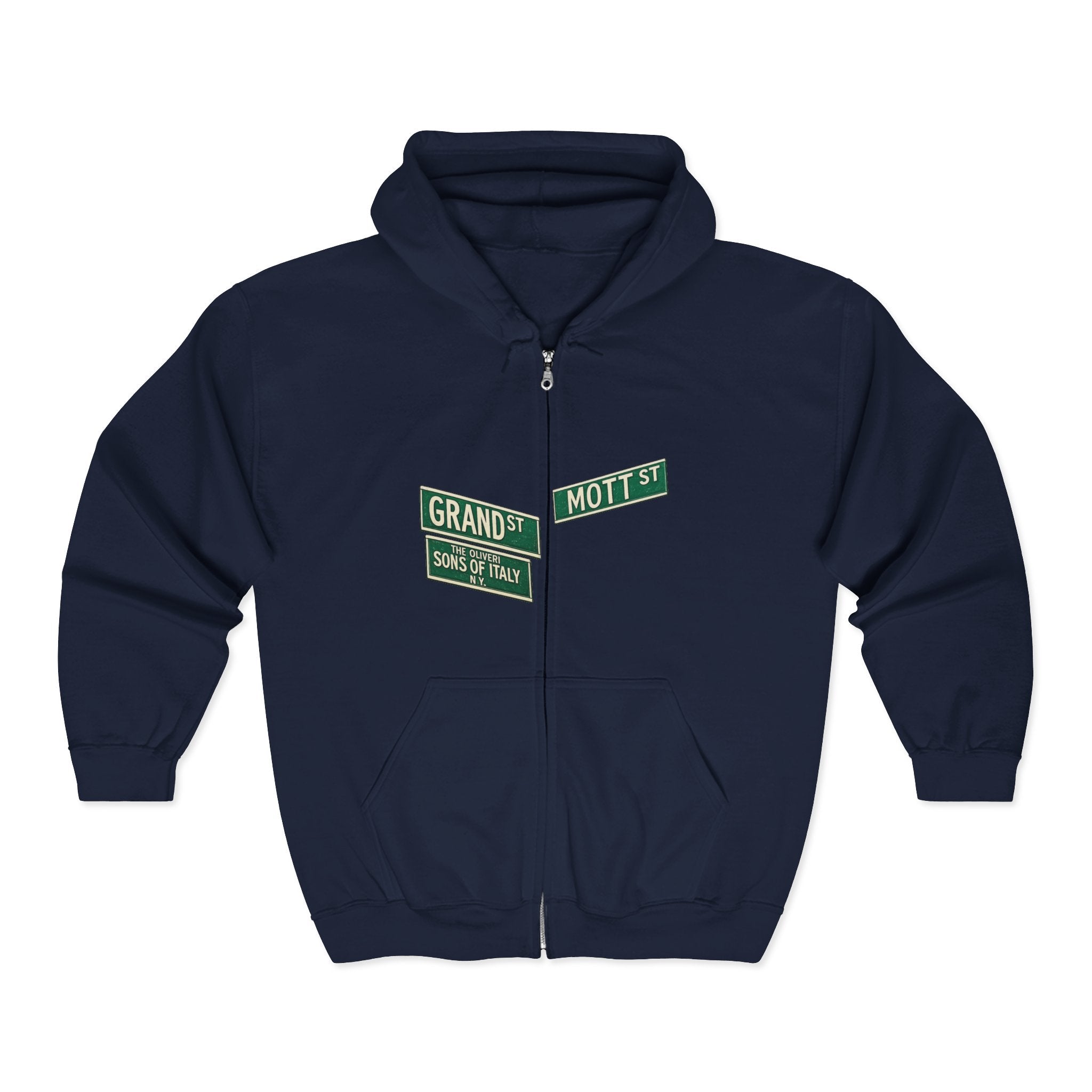 Little Italy Street Sign Zip up Hoodie | New York City Grand and Mott Sons of Italy Hooded Sweatshirt