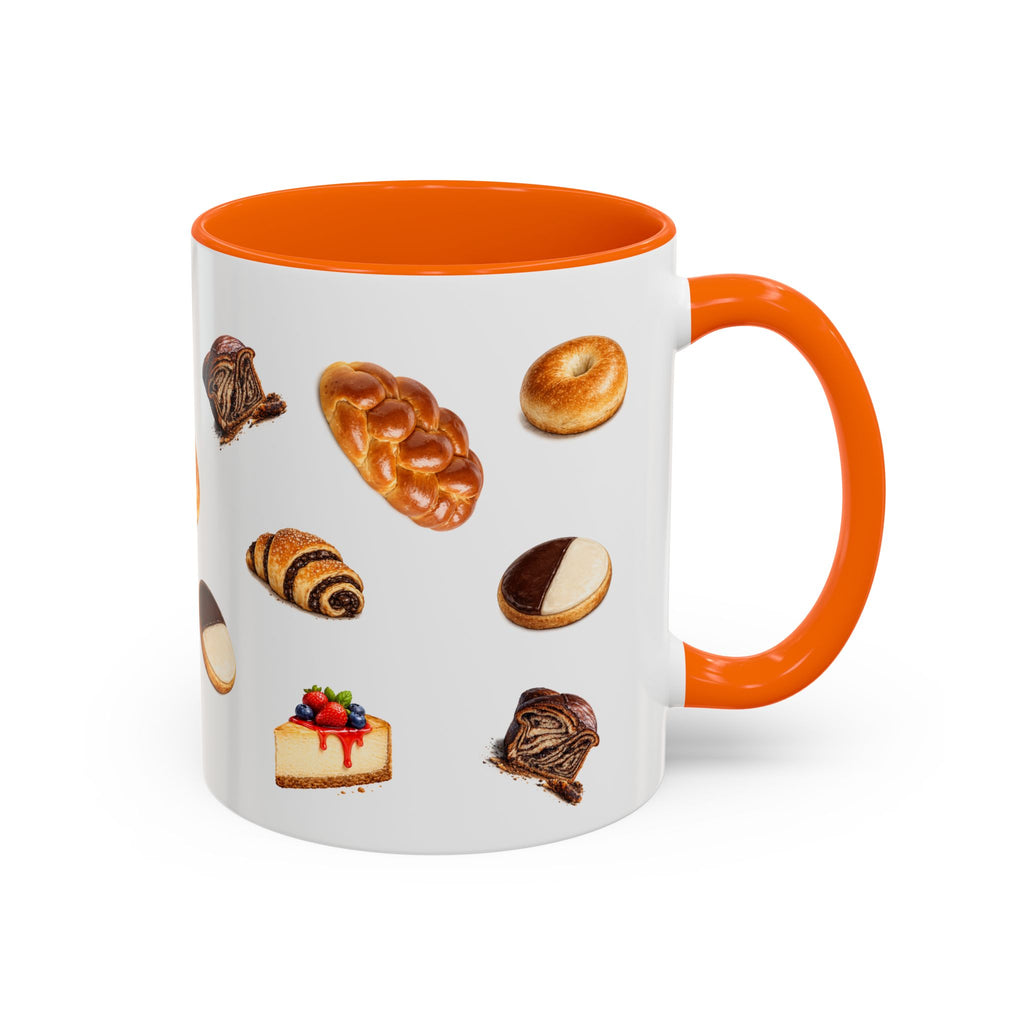 NYC Kosher Bakery Pattern Mug | Babka Cheesecake Rugelach Black + White Cookie Challah Bagel 11oz Ceramic Coffee Cup