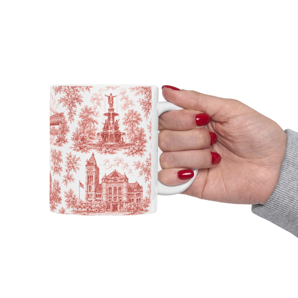 Cincinnati Red Toile de Jouy Ceramic Mug — Coffee Mug 11oz