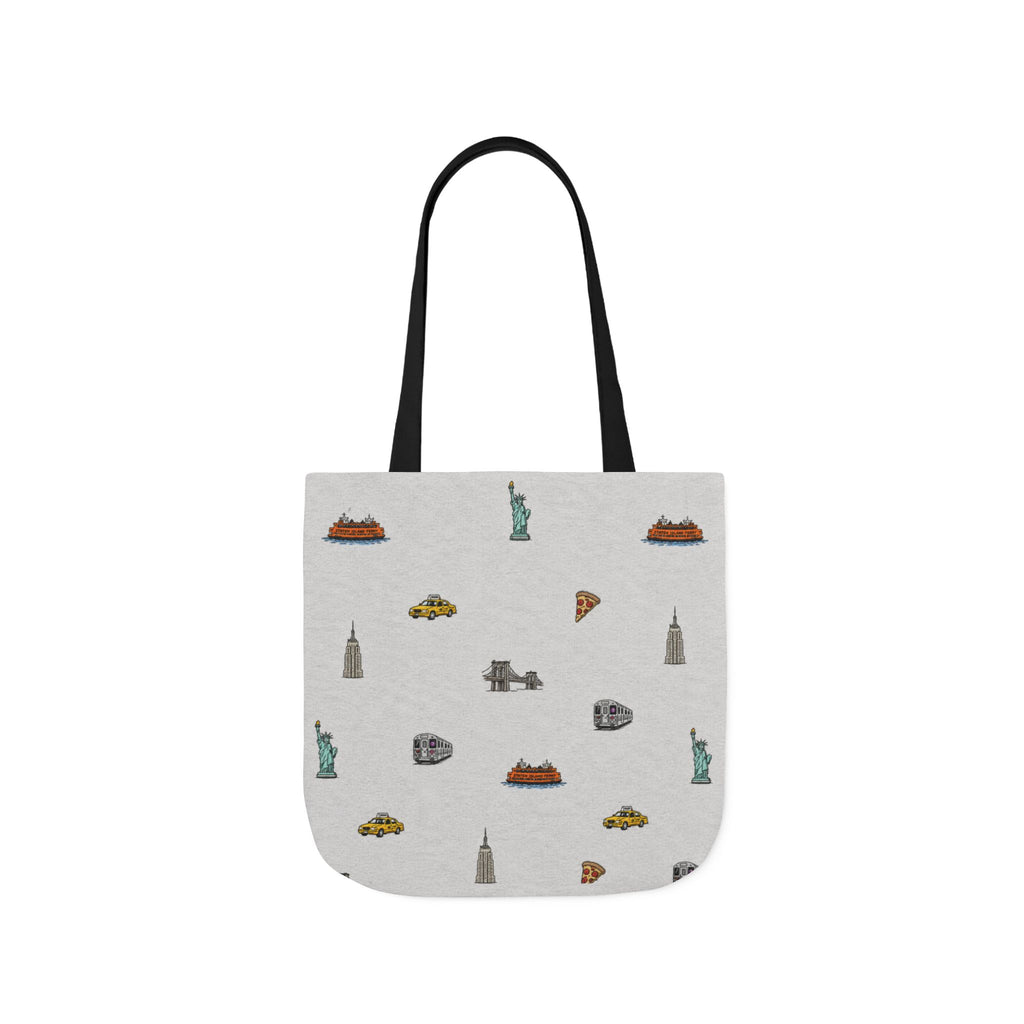 Icons of New York Heather Gray Canvas Tote — Statue of Liberty, Pizza & Taxi Pattern