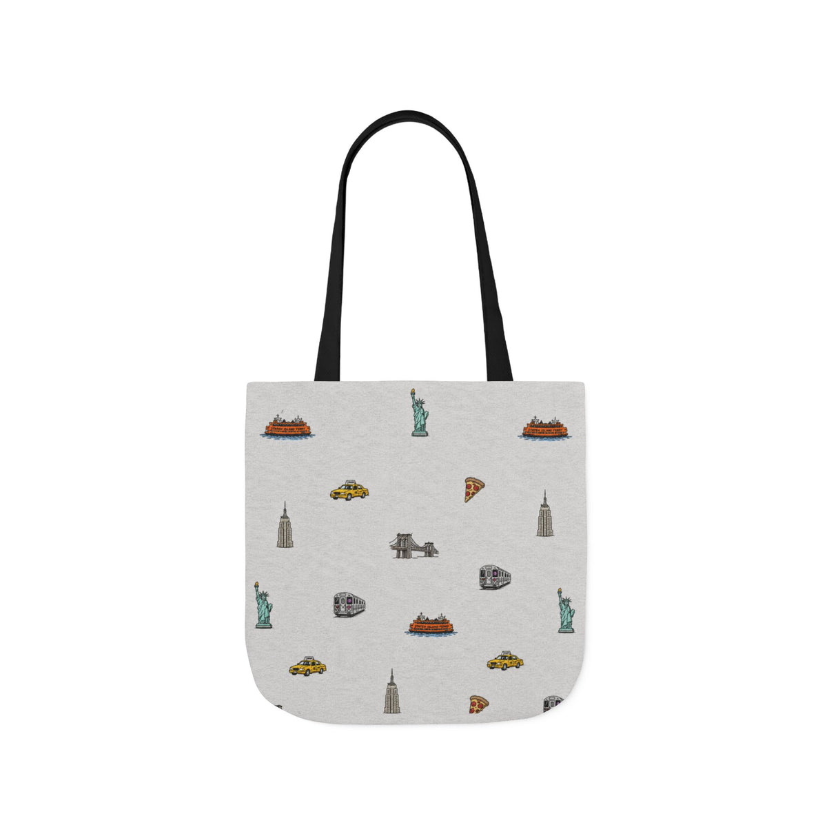 Icons of New York Heather Gray Canvas Tote — Statue of Liberty, Pizza & Taxi Pattern