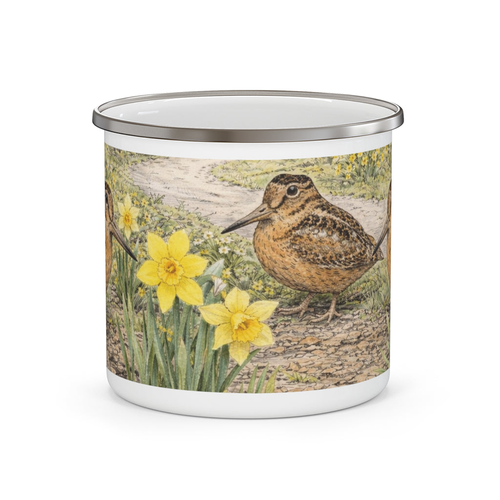 Bryant Park American Woodcock Springtime Enamel Camping Mug — Woodcock Bird Illustration, Rustic Outdoor Campgrounds Coffee Cup