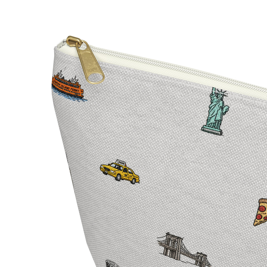 Icons of New York City Large Heather Gray Accessory Pouch — T-Bottom Makeup Bag with Statue of Liberty, Taxi & Pizza Pattern