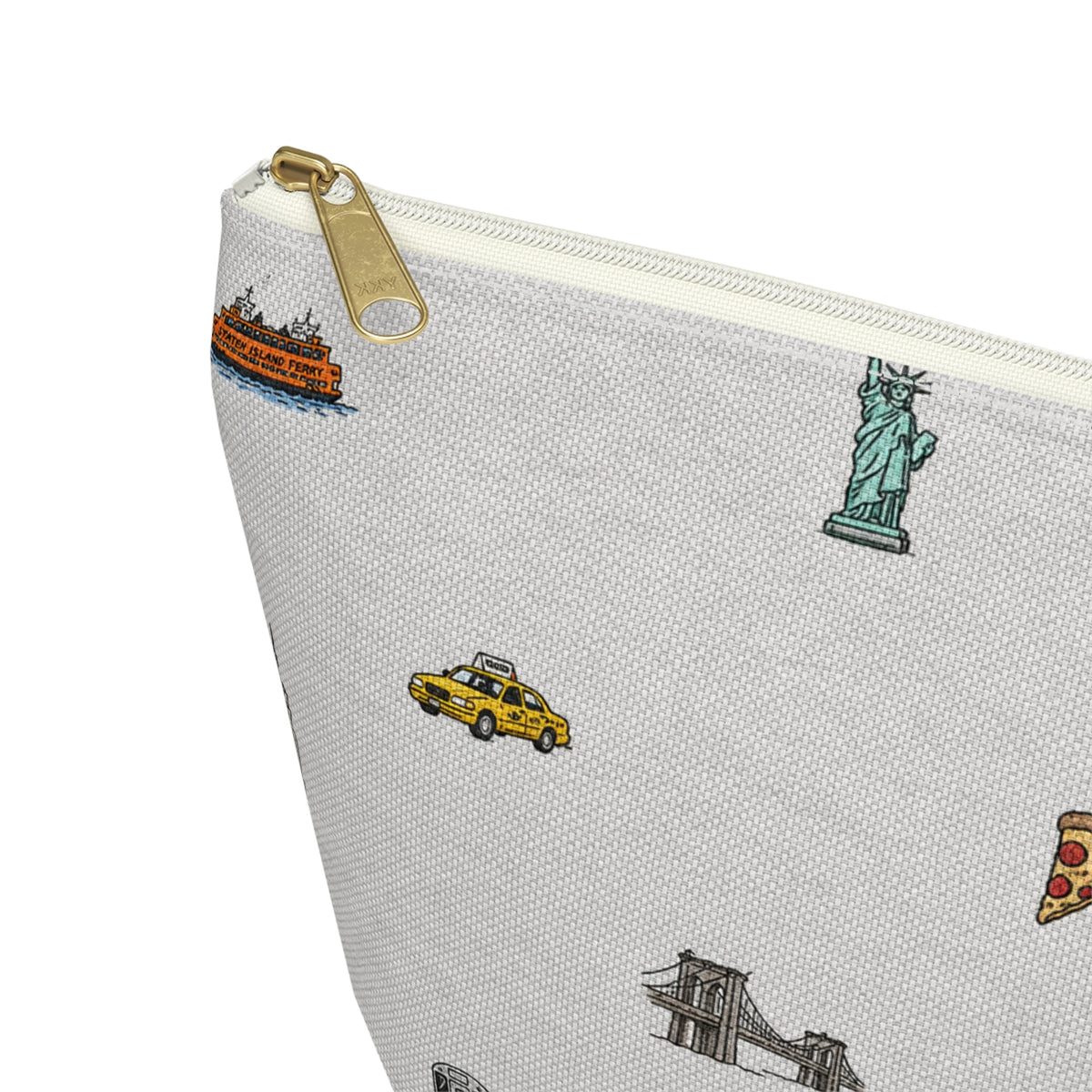 Icons of New York City Large Heather Gray Accessory Pouch — T-Bottom Makeup Bag with Statue of Liberty, Taxi & Pizza Pattern
