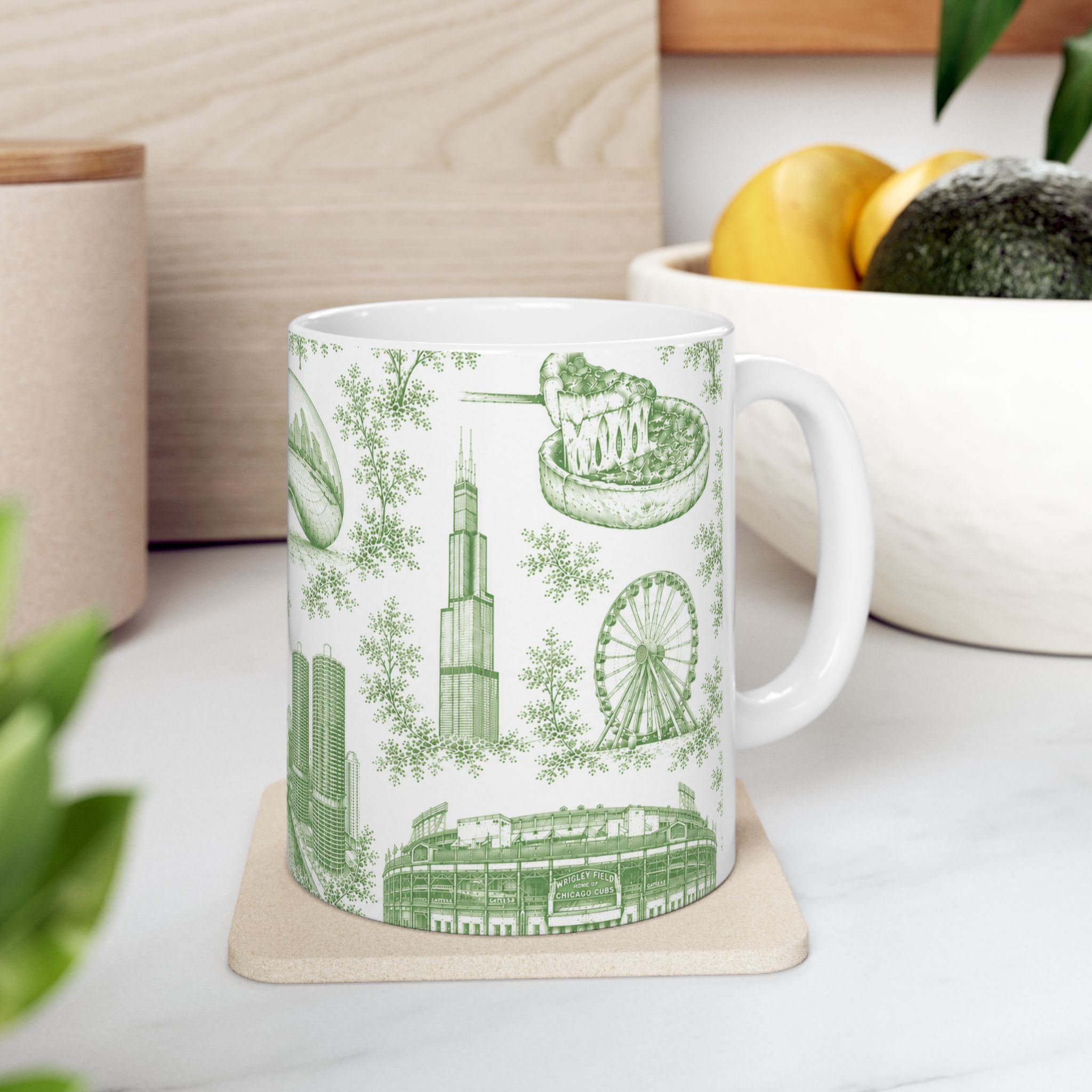Chicago Green Toile de Jouy Ceramic Mug (11oz)