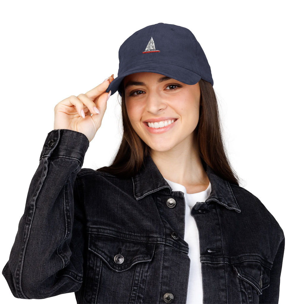 Central Park Model Sailboat Embroidered Corduroy Cap — Navy Trucker Hat