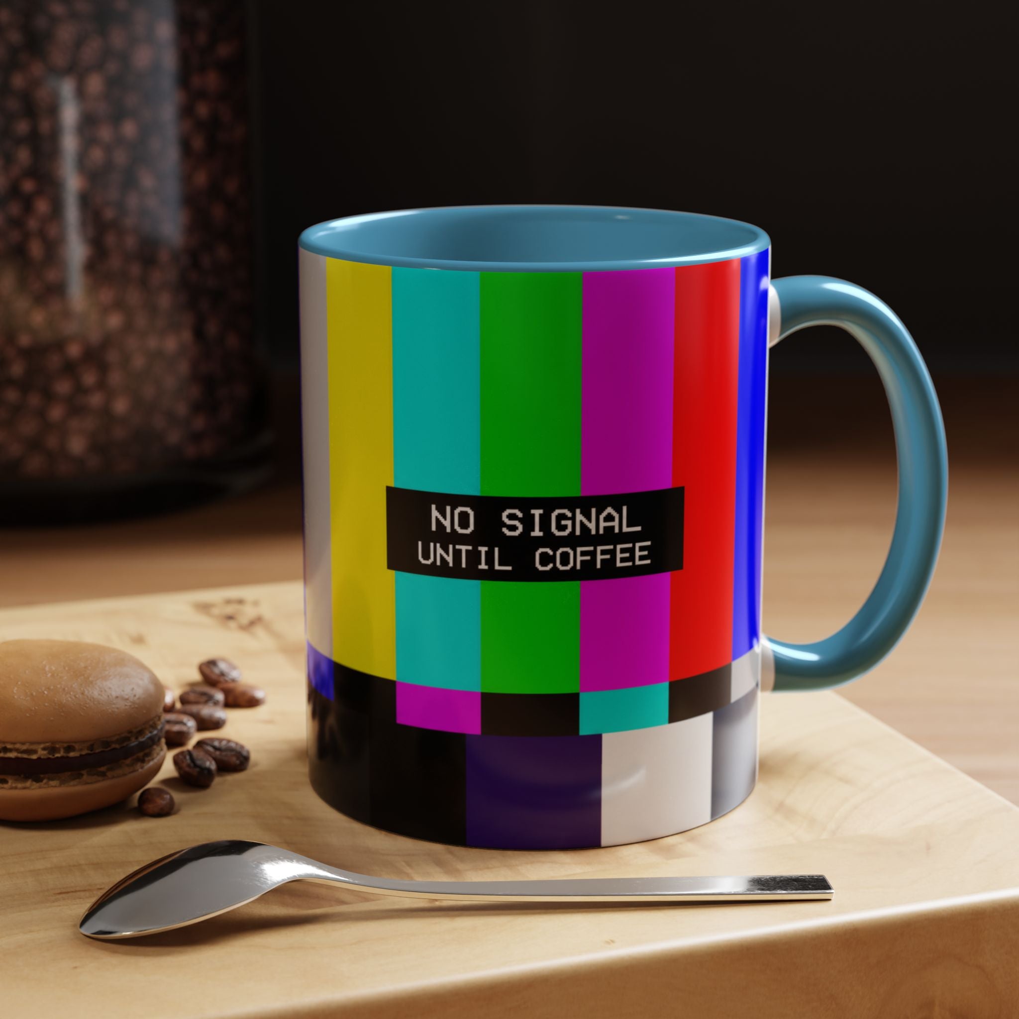 "No Signal Until Coffee" Accent Mug —  TV Rainbow Test Pattern Coffee Mug
