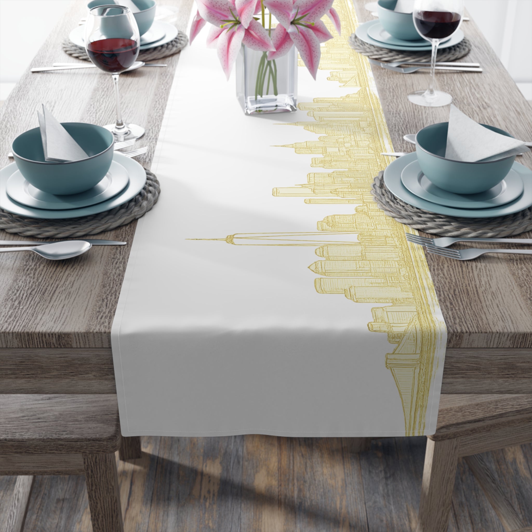 Chemin de table Or Horizon de New York – Décoration de table moderne Paysage urbain de Manhattan