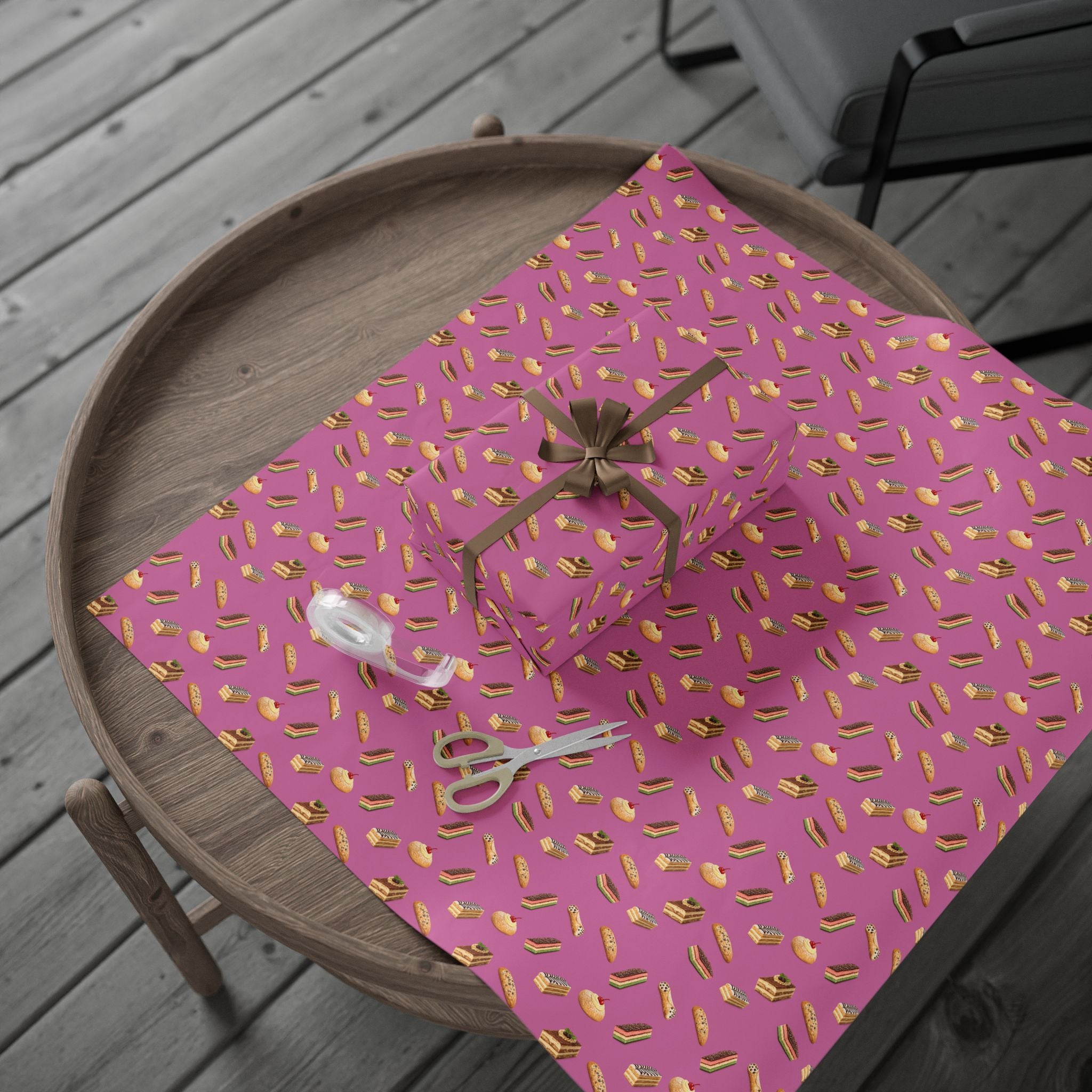 Italian Bakery Pastry Pattern Gift Wrap Paper | Pink Bakery Pastries Wrapping Paper Roll