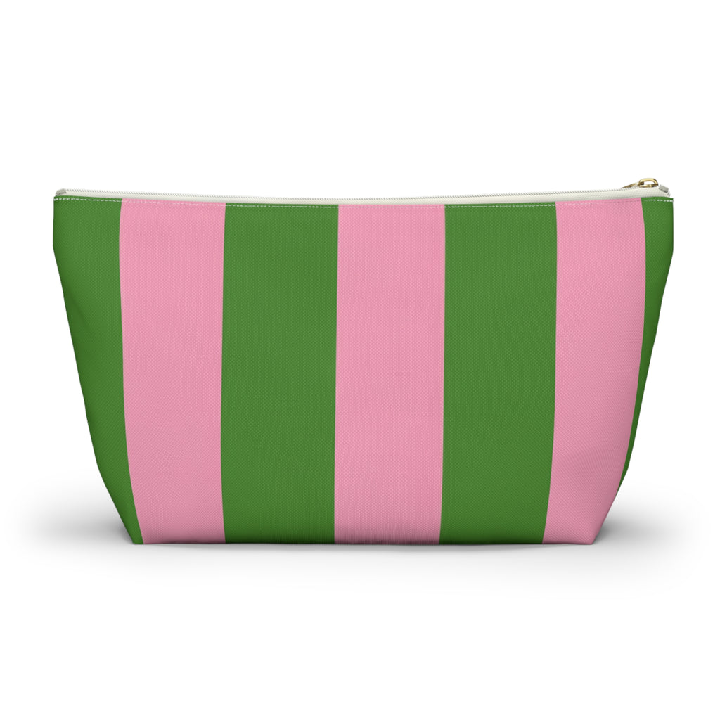 Customizable Striped Accessory Pouch — Pink & Green T-Bottom Makeup Bag