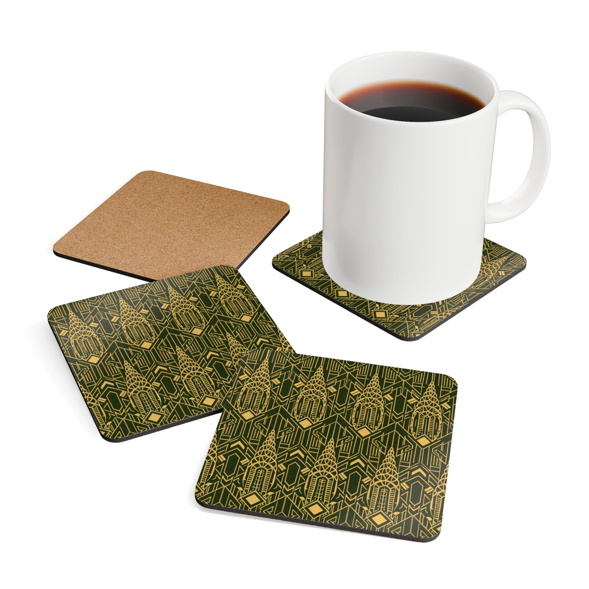 Art Deco Chrysler Building Gold & Green Cork Coaster Set — Geometric Cocktail Coasters (4-Pack)
