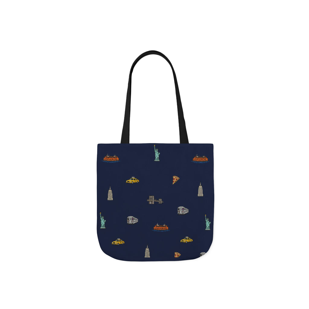 Icons of New York City Blue Canvas Tote — Statue of Liberty, Pizza & Taxi Pattern
